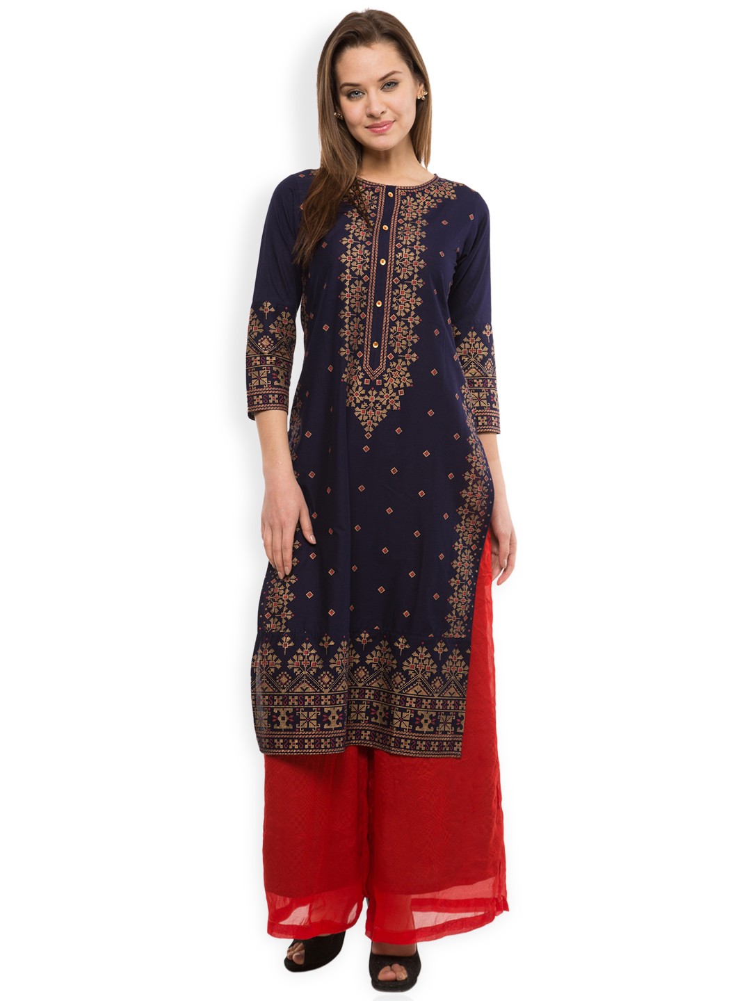

Vishudh Women Navy Blue Printed Straight Kurta