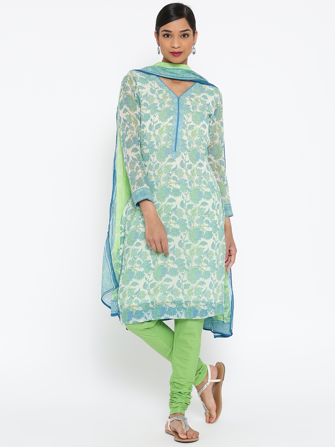 

Biba Women White & Blue Printed Kurta with Churidar & Dupatta