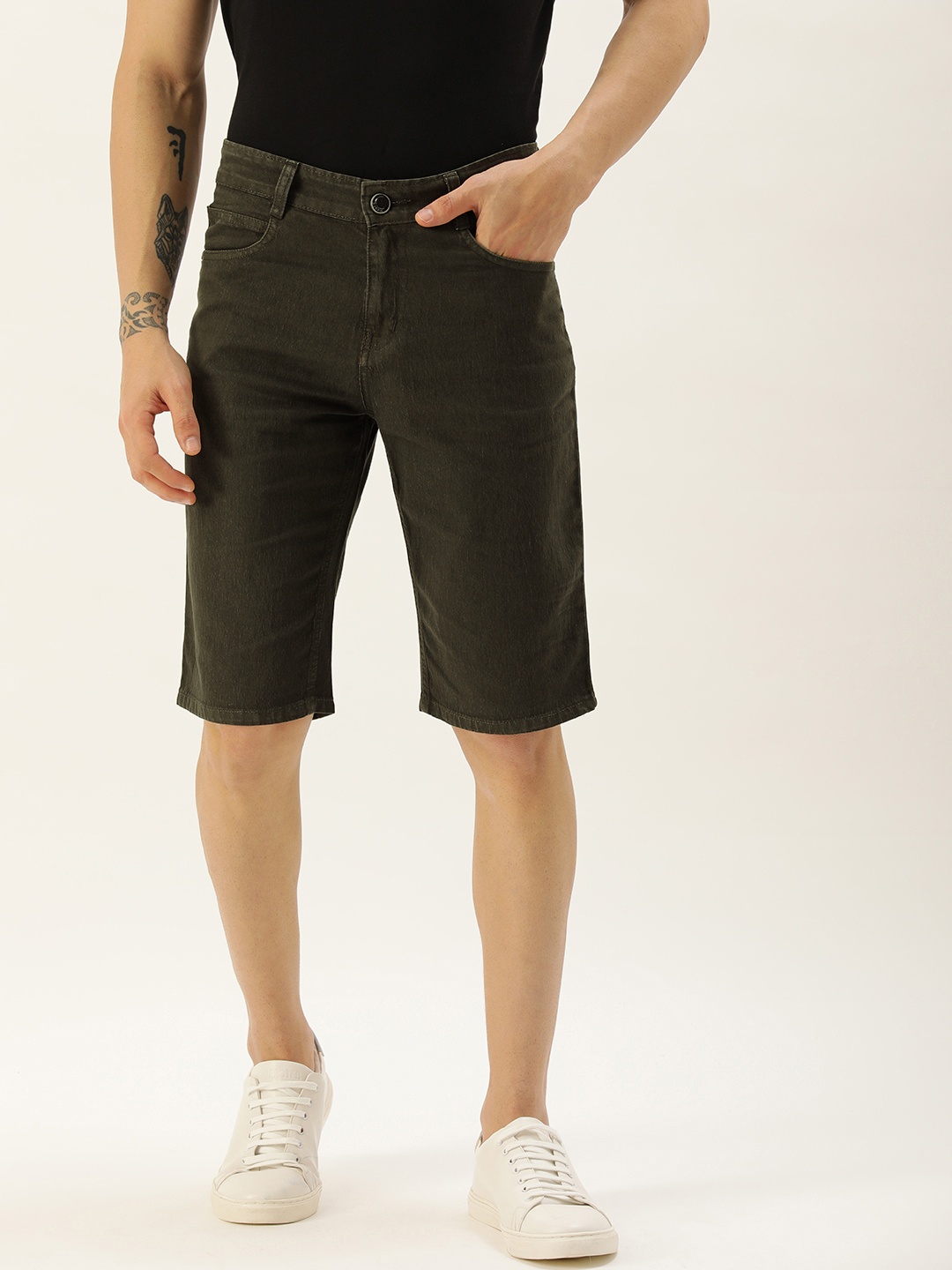 

Sports52 wear Men Olive Green Solid Mid-Rise Denim Shorts