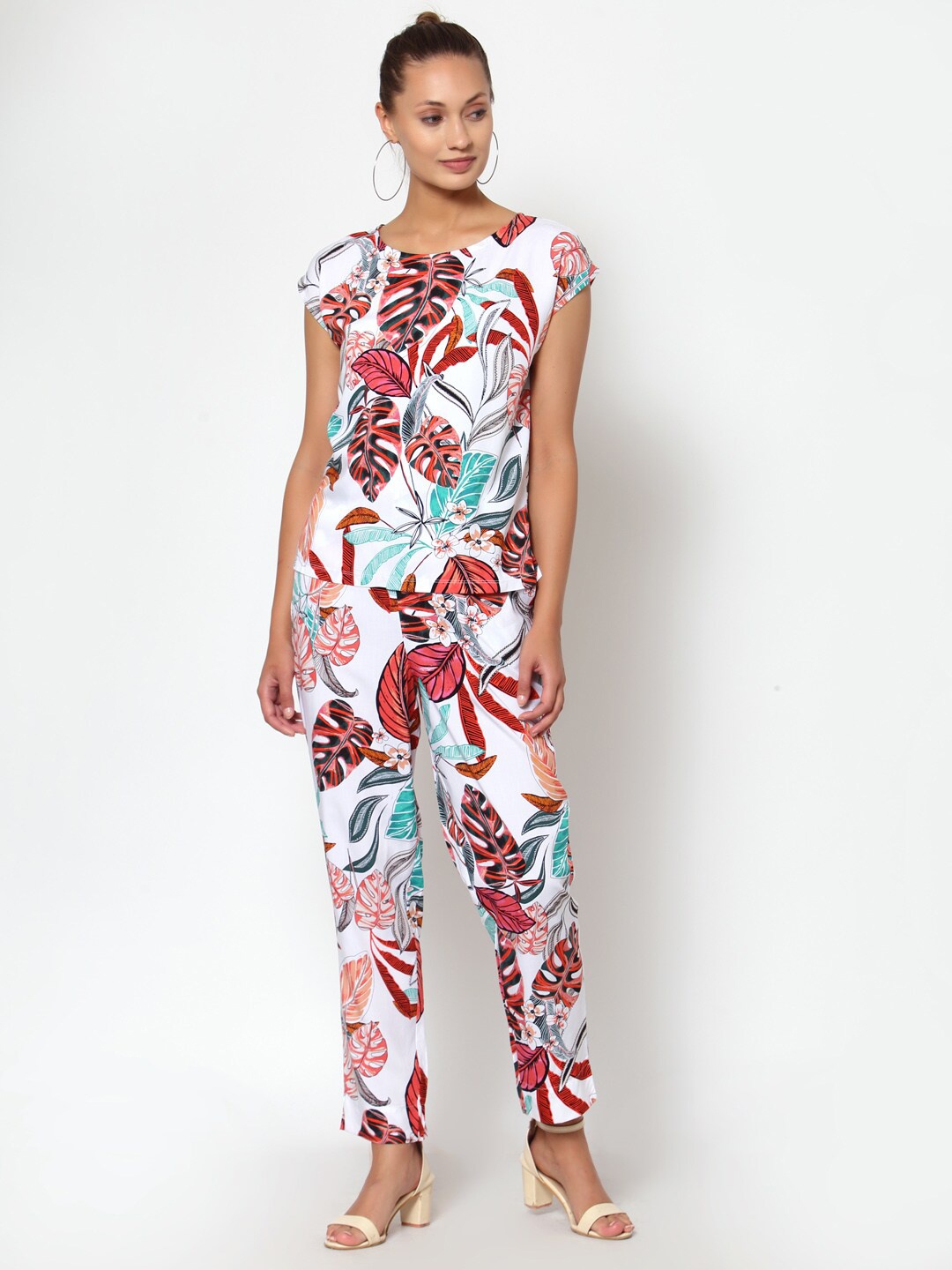 

YOONOY Women White & Red Printed Top with Trousers
