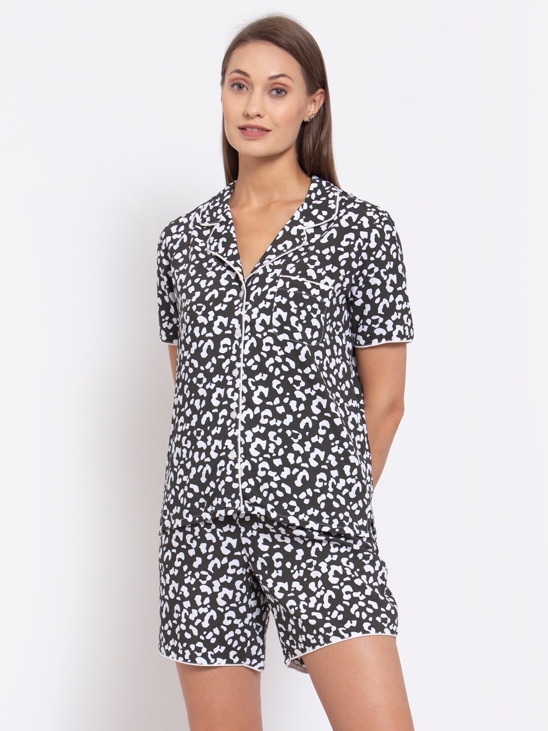 

YOONOY Women Olive Green & White Printed Night suit