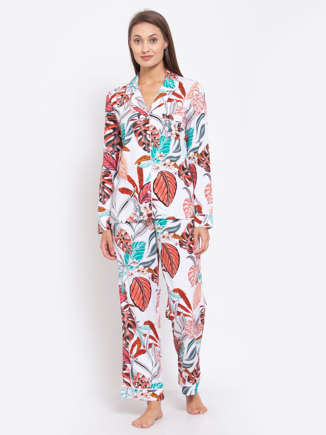 

YOONOY Women White & Multicoloured Floral Printed Night Suit