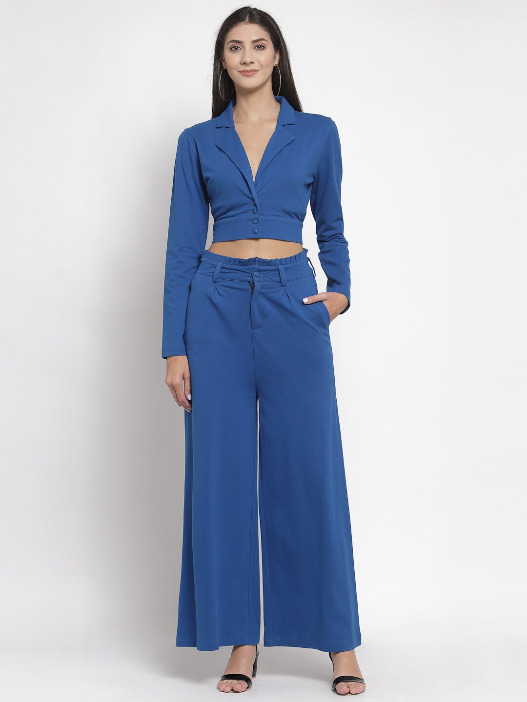 

YOONOY Women Blue Pure Cotton Coat with Palazzos