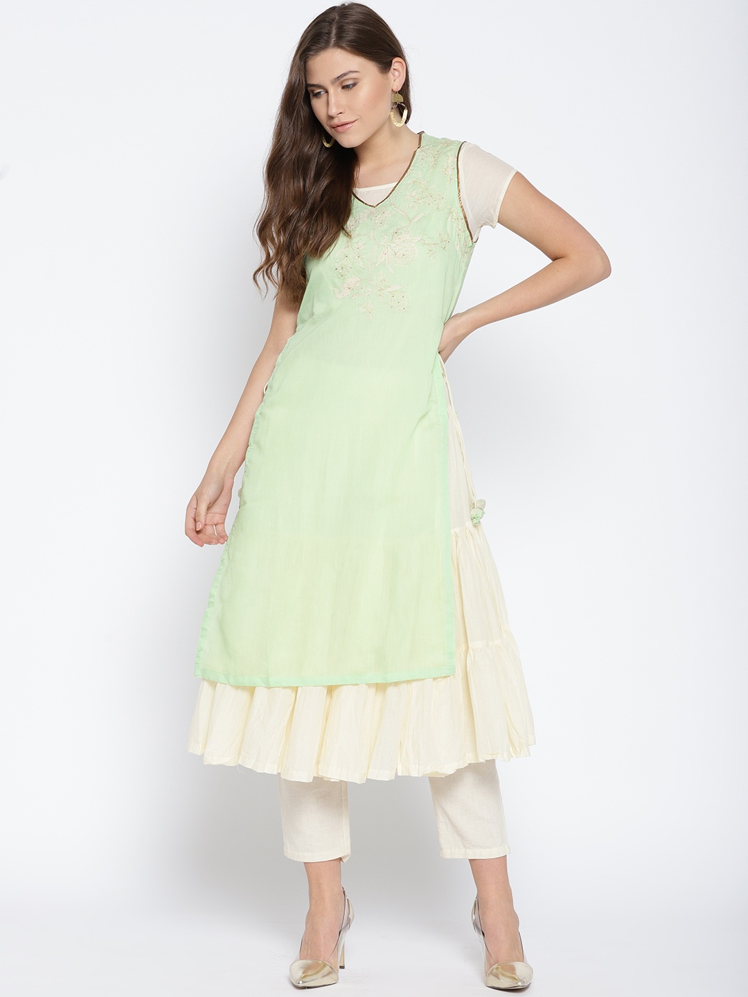 

Biba Women Green Embroidered Layered Straight Kurta