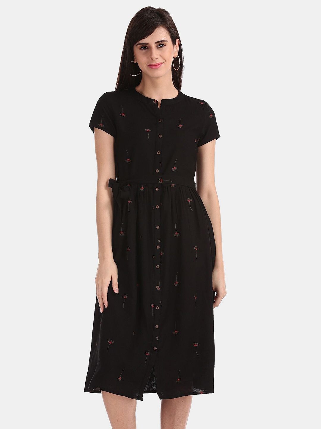 

Bronz Black Floral Printed A-Line Dress