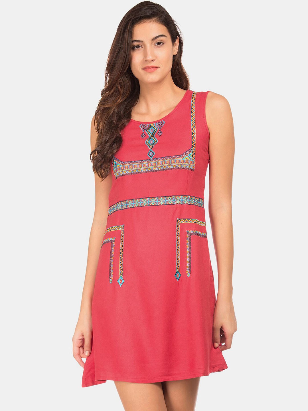 

Bronz Pink Tribal Embroidered A-Line Dress