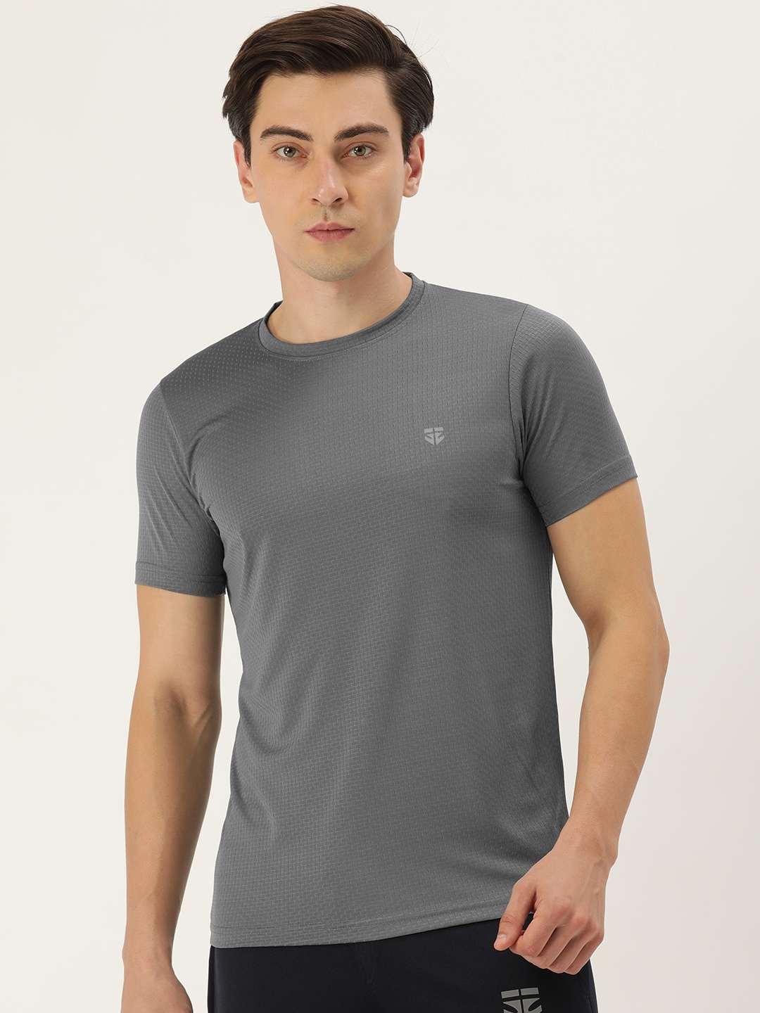 

Sports52 wear Men Charcoal Grey Self-Design T-shirt