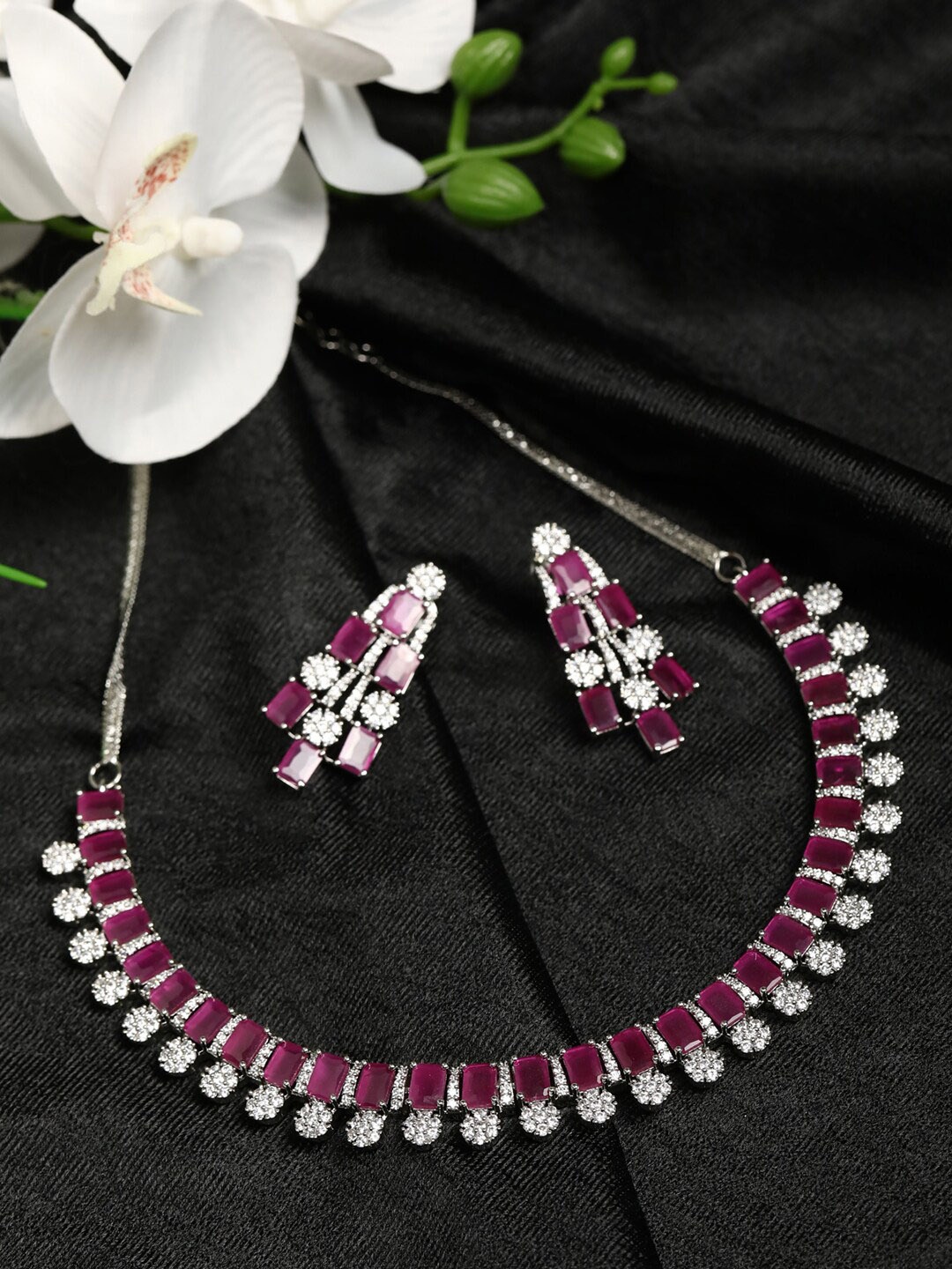 

Priyaasi Silver-Plated Pink & White AD Stone Studded Jewellery Set