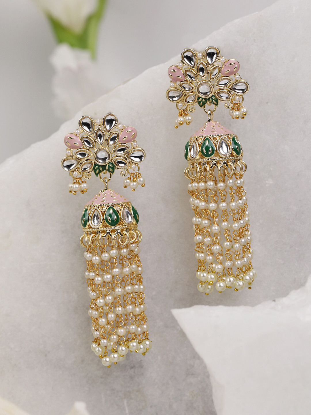 

Priyaasi Pink Contemporary Kundan Jhumkas Earrings