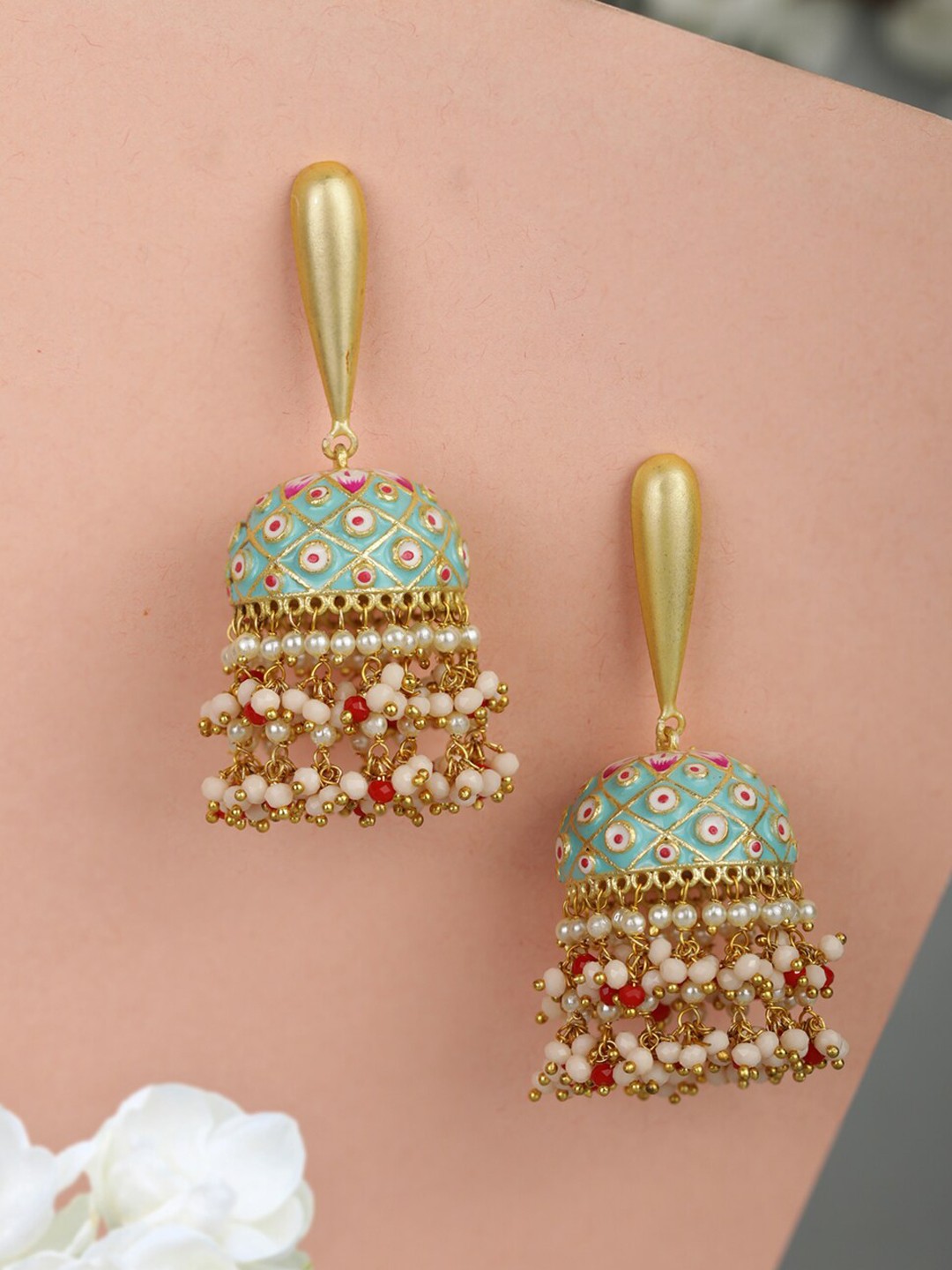 

Priyaasi Turquoise Blue & Gold-Plated Dome Shaped Jhumkas Earrings