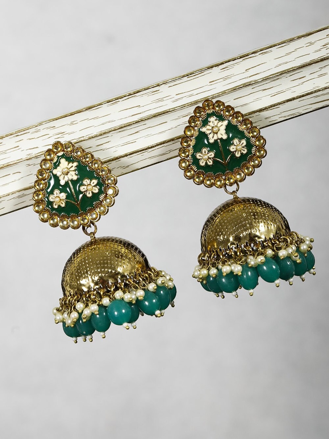 

Priyaasi Green Gold-Plated Contemporary Jhumkas Earrings