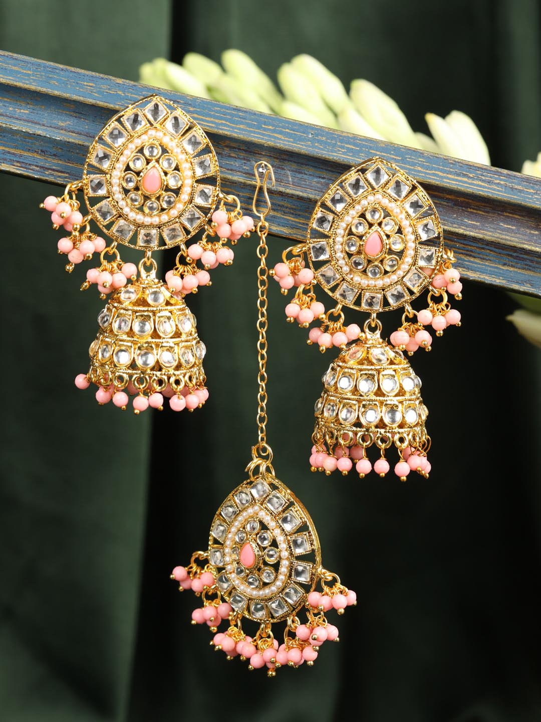 

Priyaasi Gold-Plated Pink Stone & Bead Stone Studded Jewellery Set