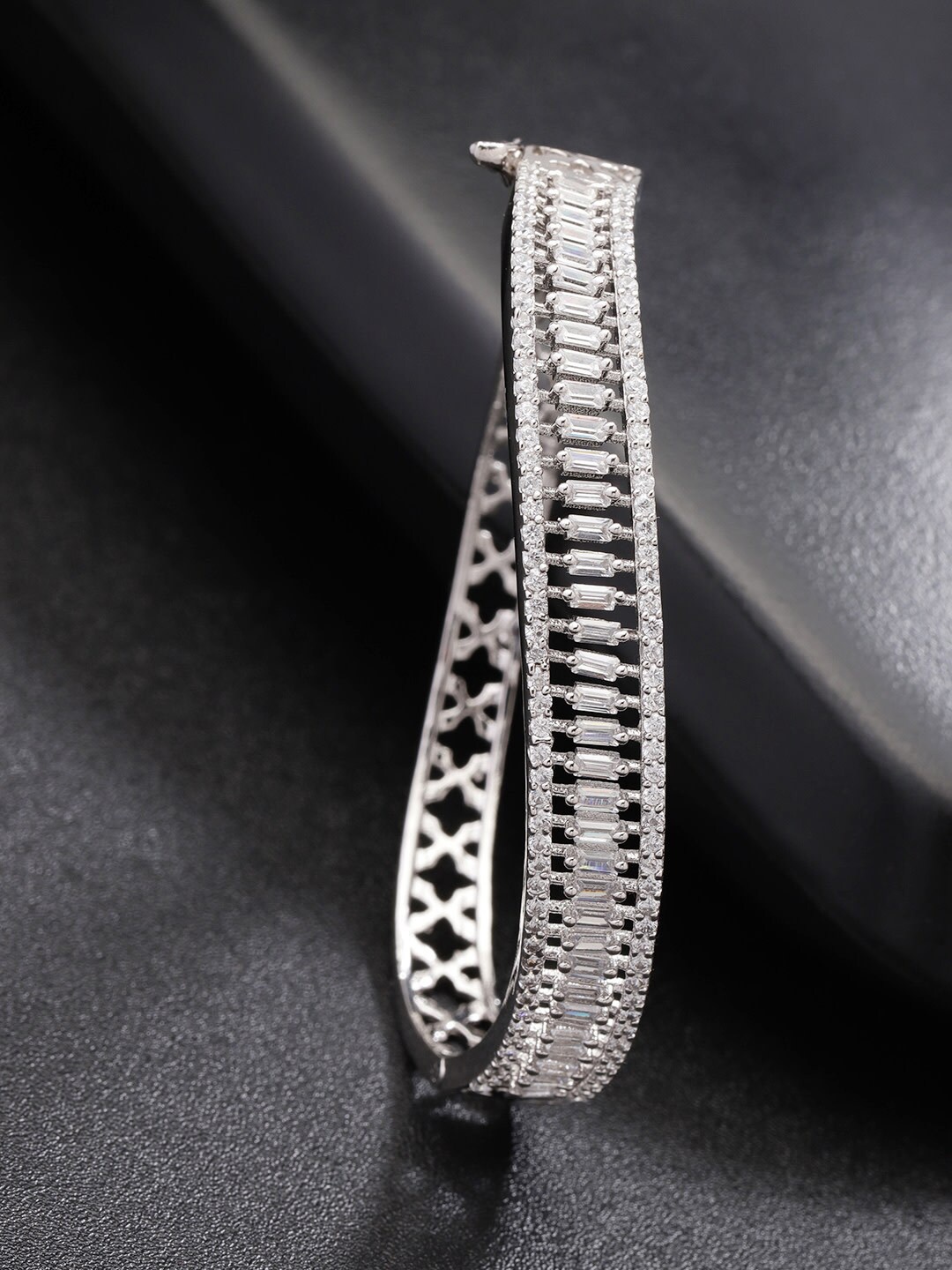

Priyaasi Women White & Silver-Plated Brass American Diamond Bangle-Style Bracelet
