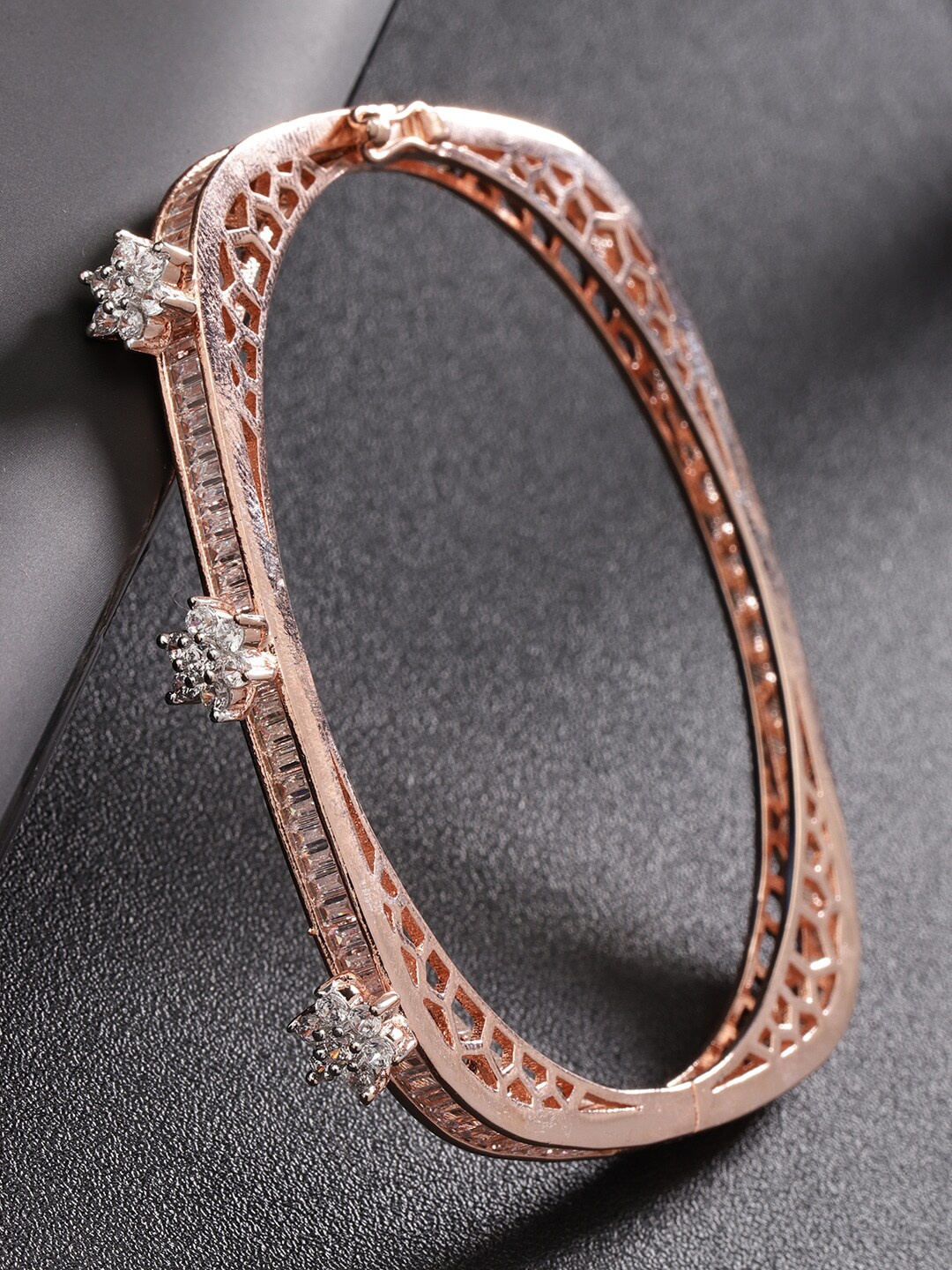 

Priyaasi Women White & Rose Gold-Plated Brass American Diamond Bangle-Style Bracelet