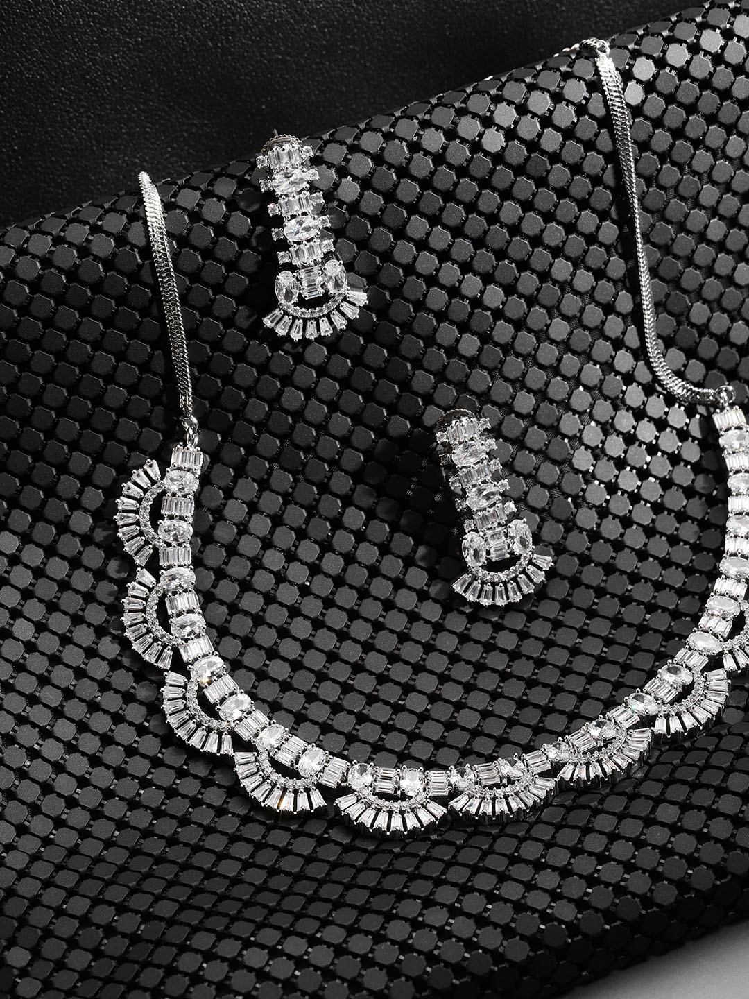 

Priyaasi Silver-Plated White American Diamond Studded Jewellery Set