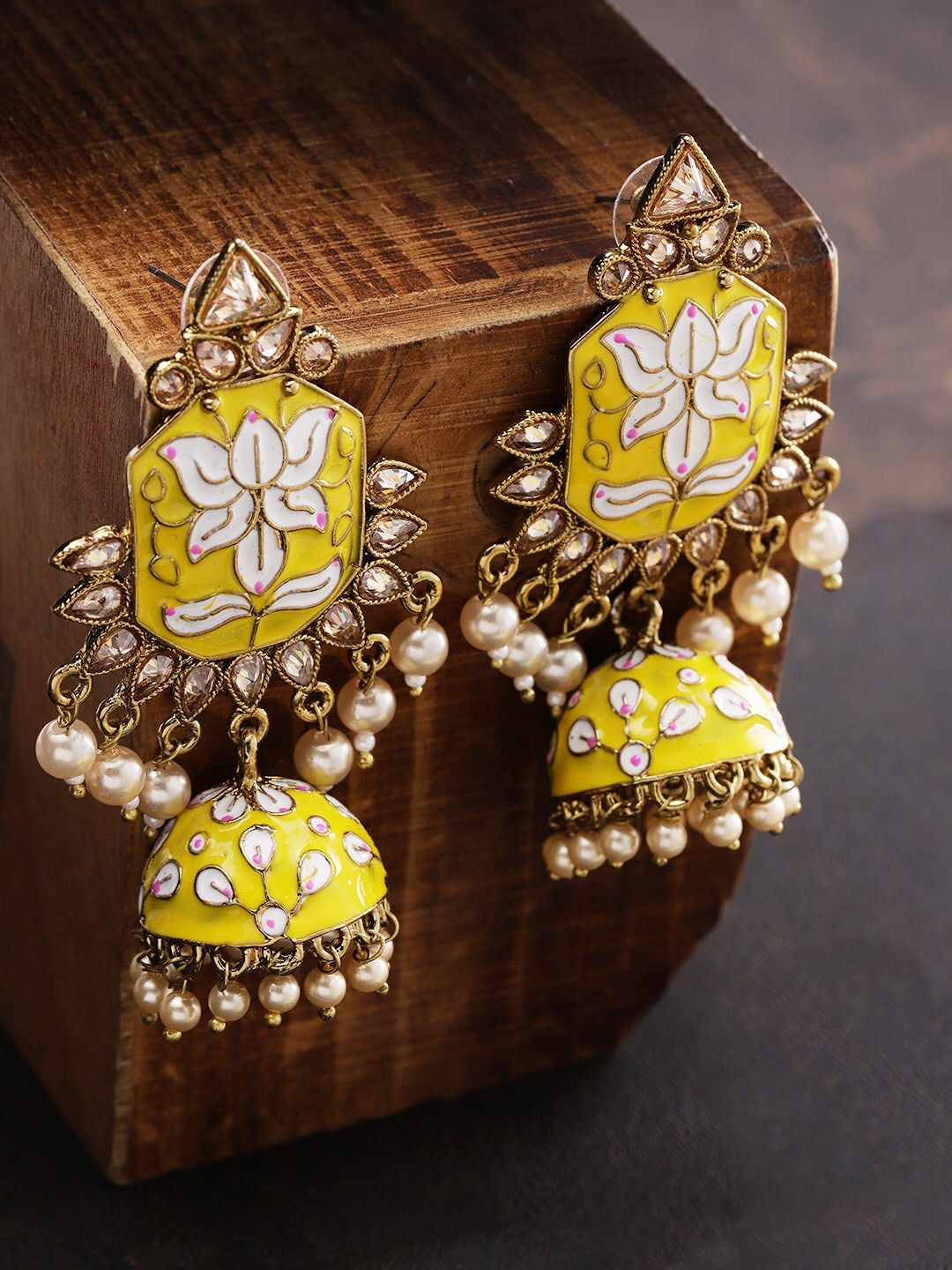 

Priyaasi Yellow-Toned & Gold-Plated Meenakari Jhumka Earrings