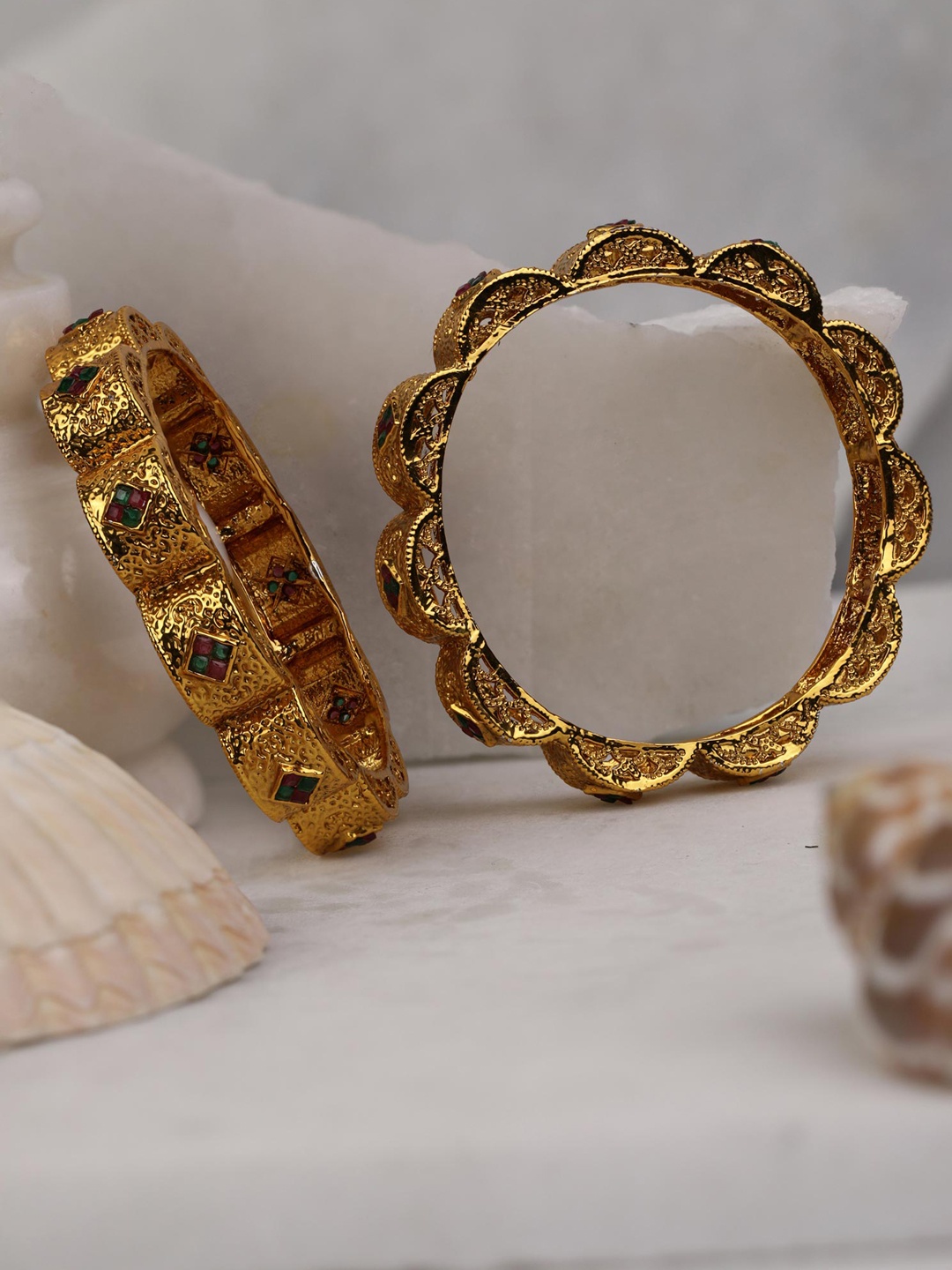 

Priyaasi Set of 2 Gold Plated Pink & Green Stone Studded & Emerald Studded Bangles