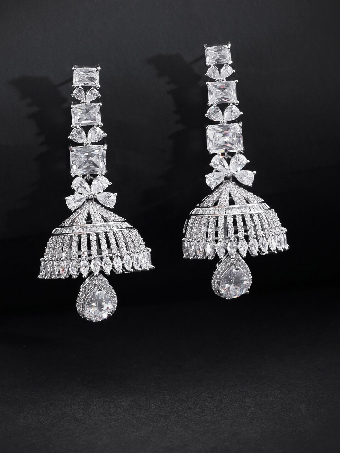 

Priyaasi Silver-Toned & Rhodium-Plated AD-Studded Jhumkas Earrings
