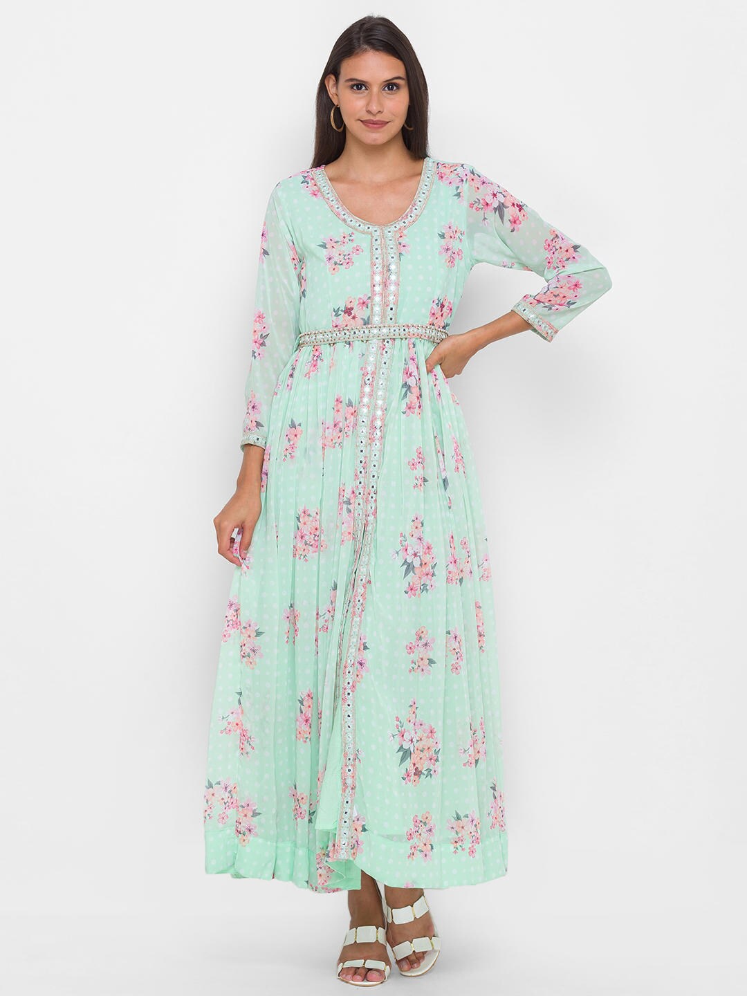 

ZOLA Women Sea Green & Pink Floral Printed Mirror Work Georgette Anarkali Kurta