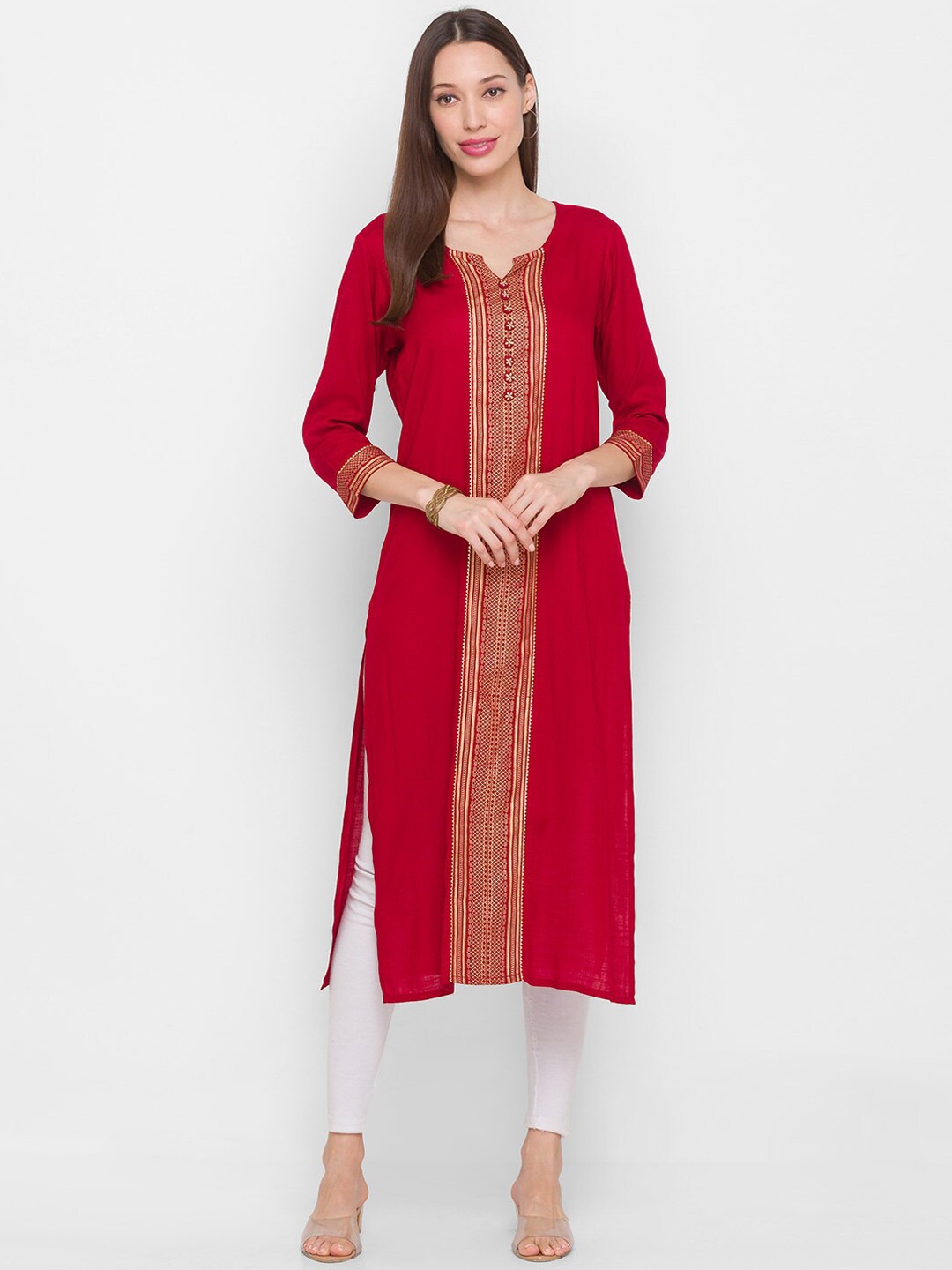 

ZOLA Women Red & Gold-Toned Geometric Printed Straight Kurta