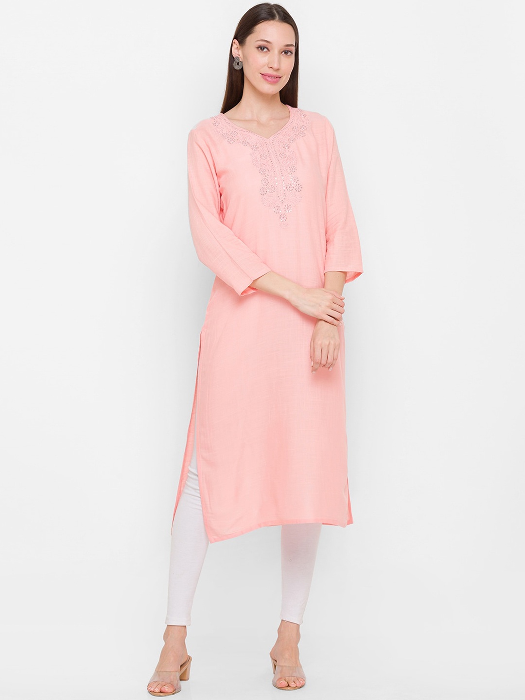 

ZOLA Women Pink Embellished Chikankari Straight Kurta