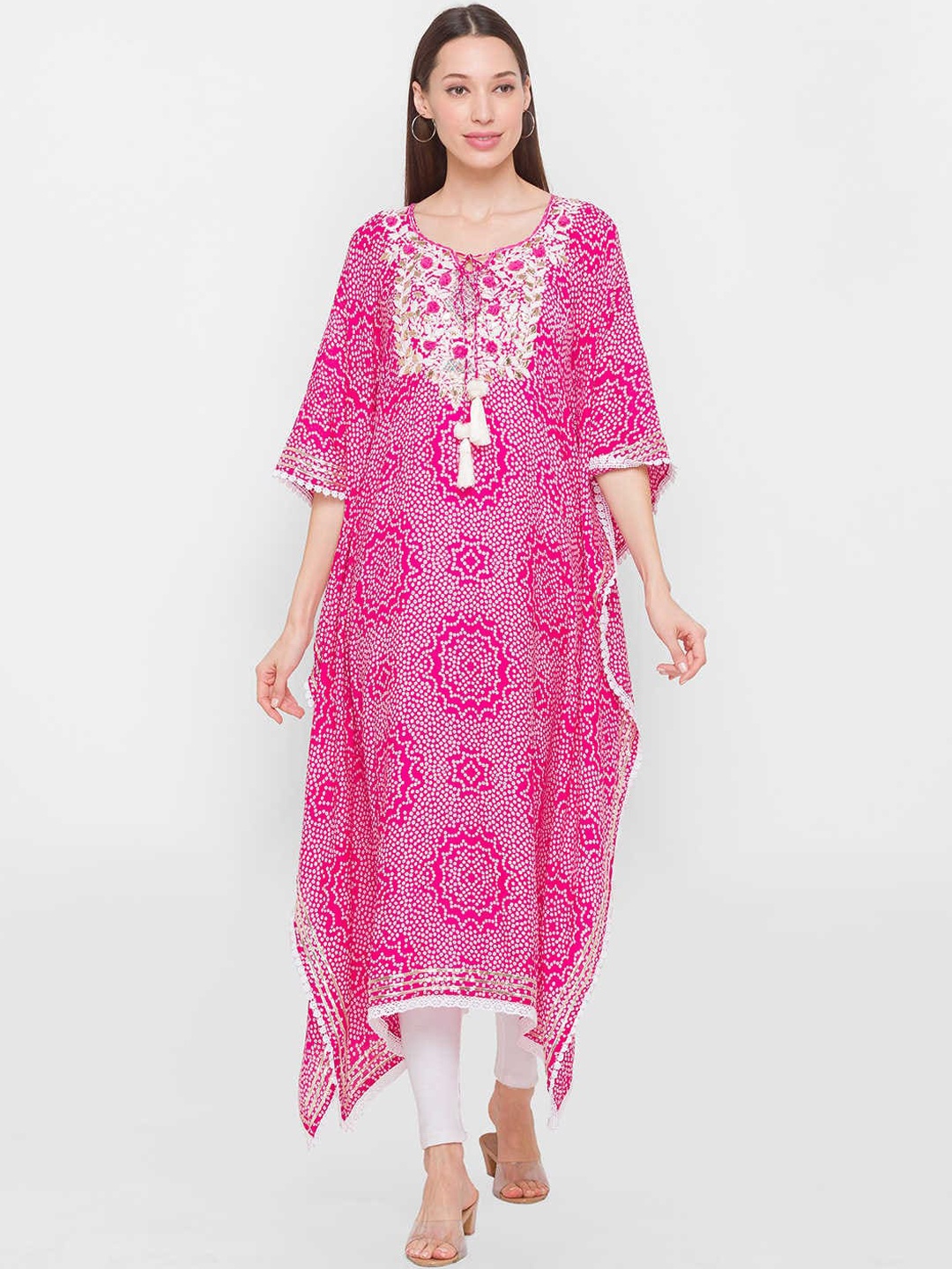 

ZOLA Women Bandhani Printed Flared Sleeves Thread Work Kaftan Kurta, Pink