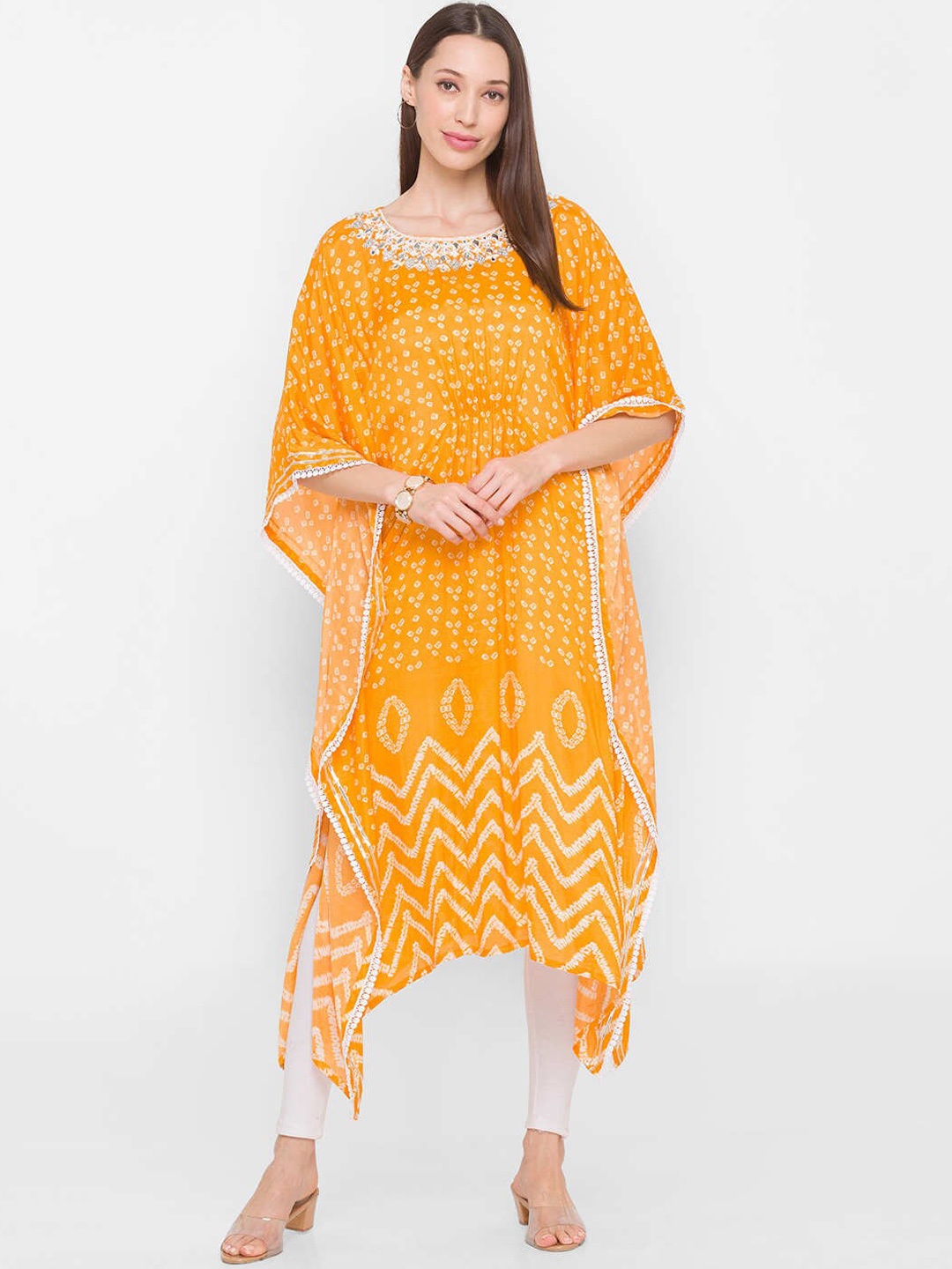 

ZOLA Women Bandhani Printed Kaftan Kurta, Mustard