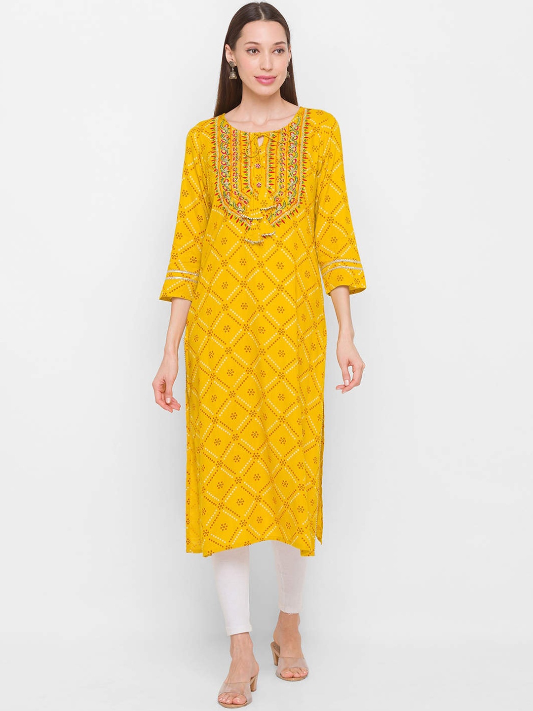 

ZOLA Women Yellow Bandhani Printed Thread Work Kurta