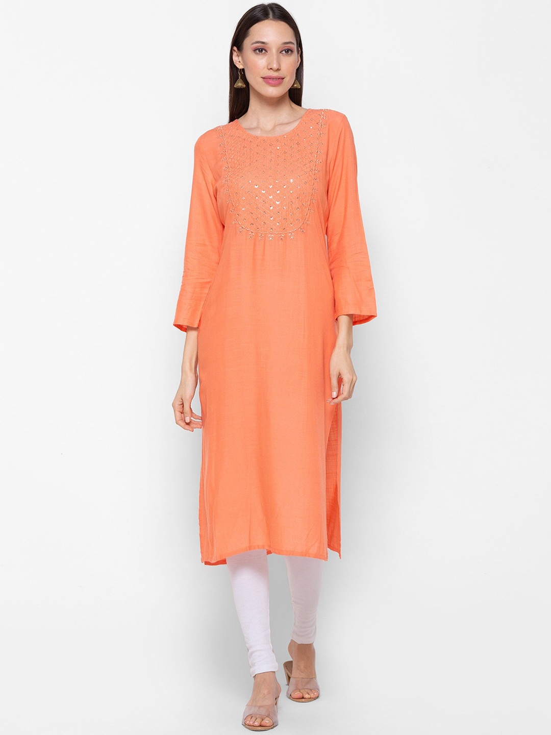 

ZOLA Women Peach-Coloured & Gold-Toned Ethnic Motifs Straight Kurta