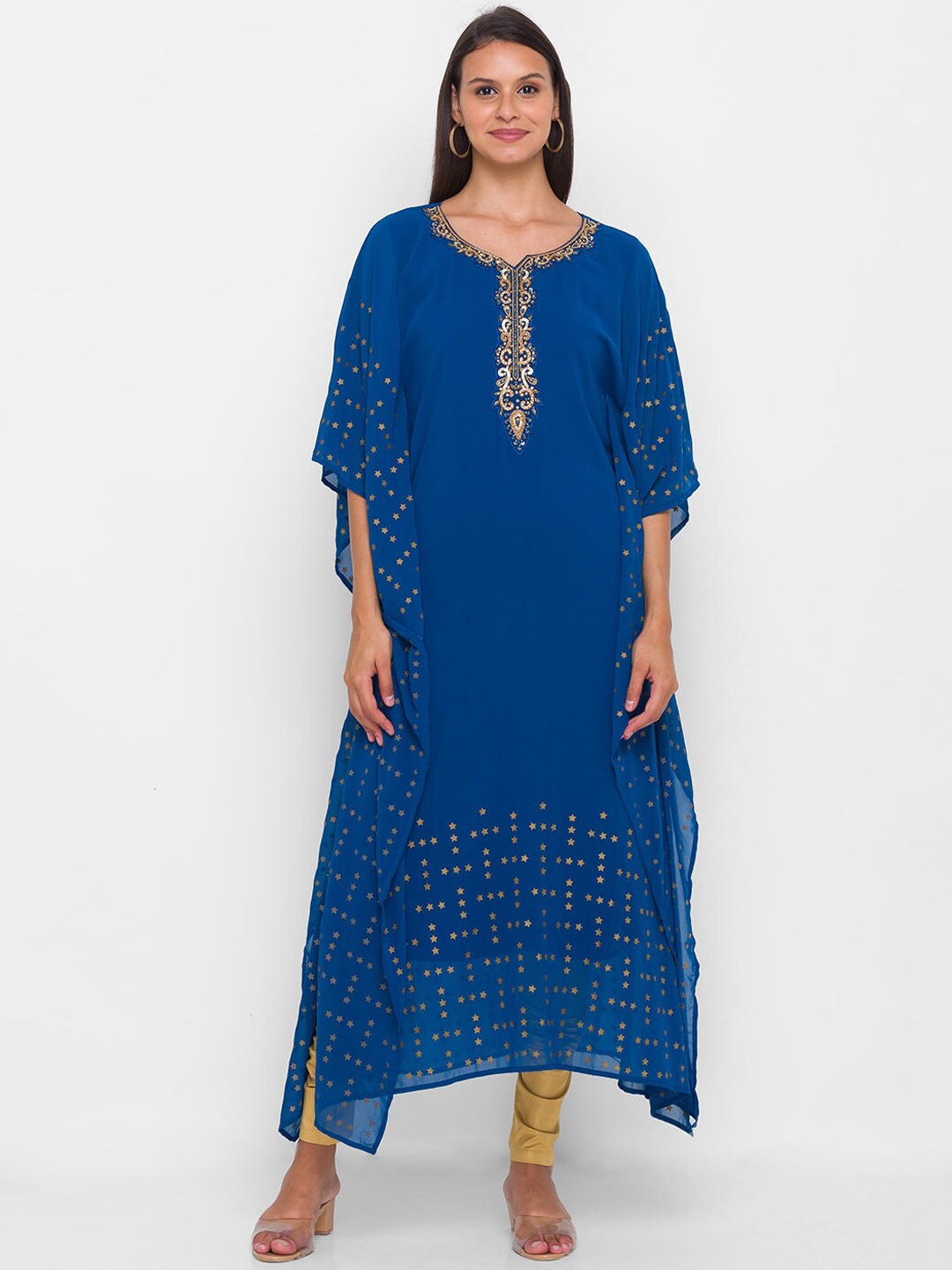 

ZOLA Women Foil Print Calf Length Kaftan Kurta, Teal