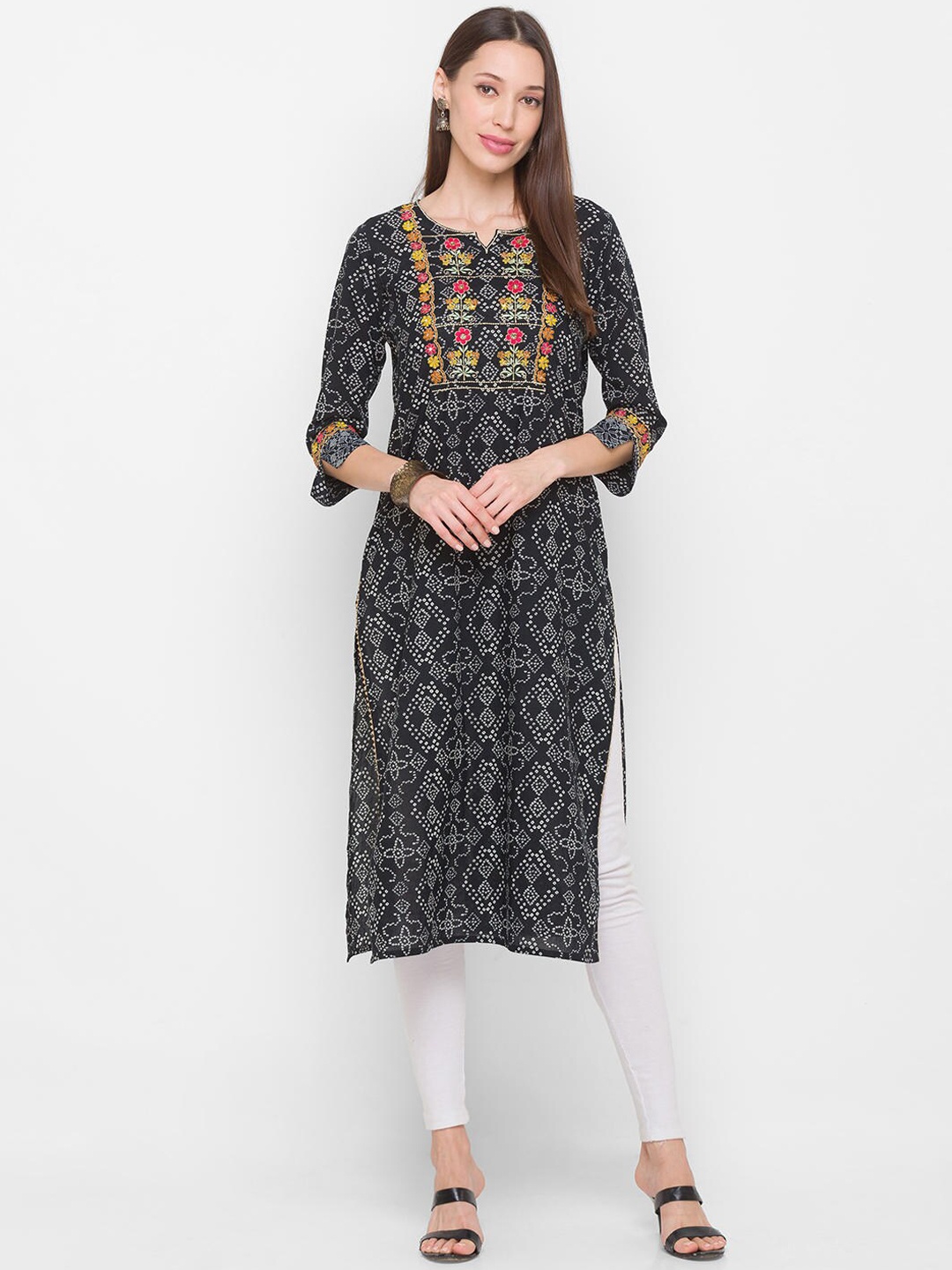 

ZOLA Pure Cotton Embroidered Keyhole Neck Thread Work Anarkali Lightweight Kurta, Black