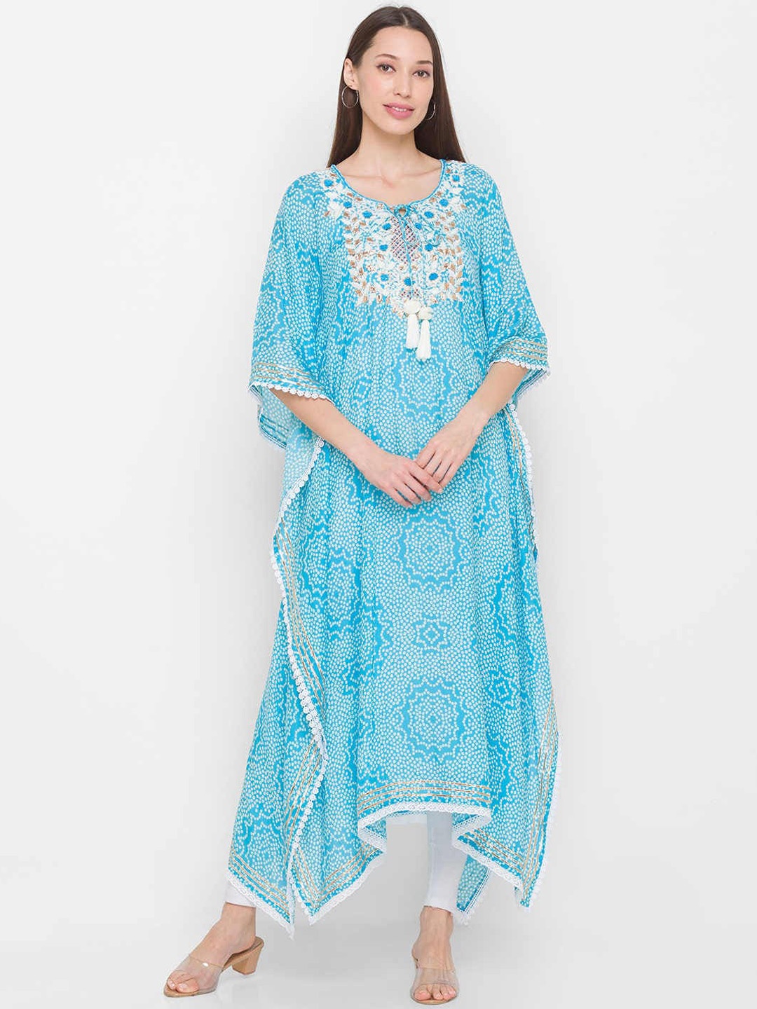

ZOLA Women Blue Bandhani Printed Flared Sleeves Lightweight Muslin Kaftan Kurta