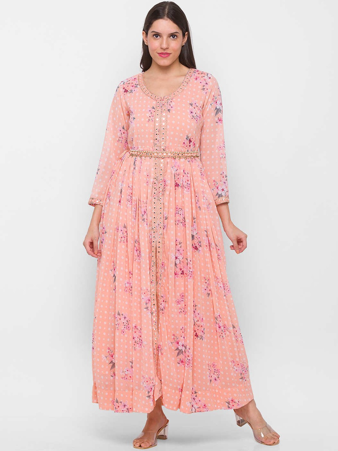 

ZOLA Women Peach-Coloured Floral Dyed Mirror Work Georgette Anarkali Kurta