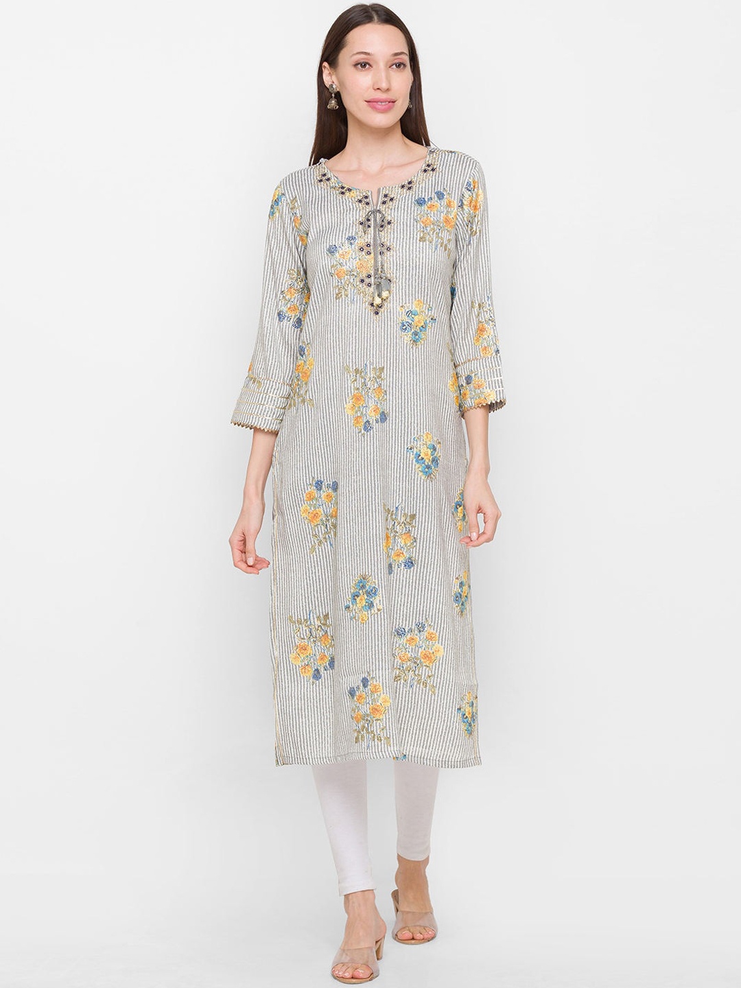 

ZOLA Women Grey & Yellow Embroidered Thread Work Kurta