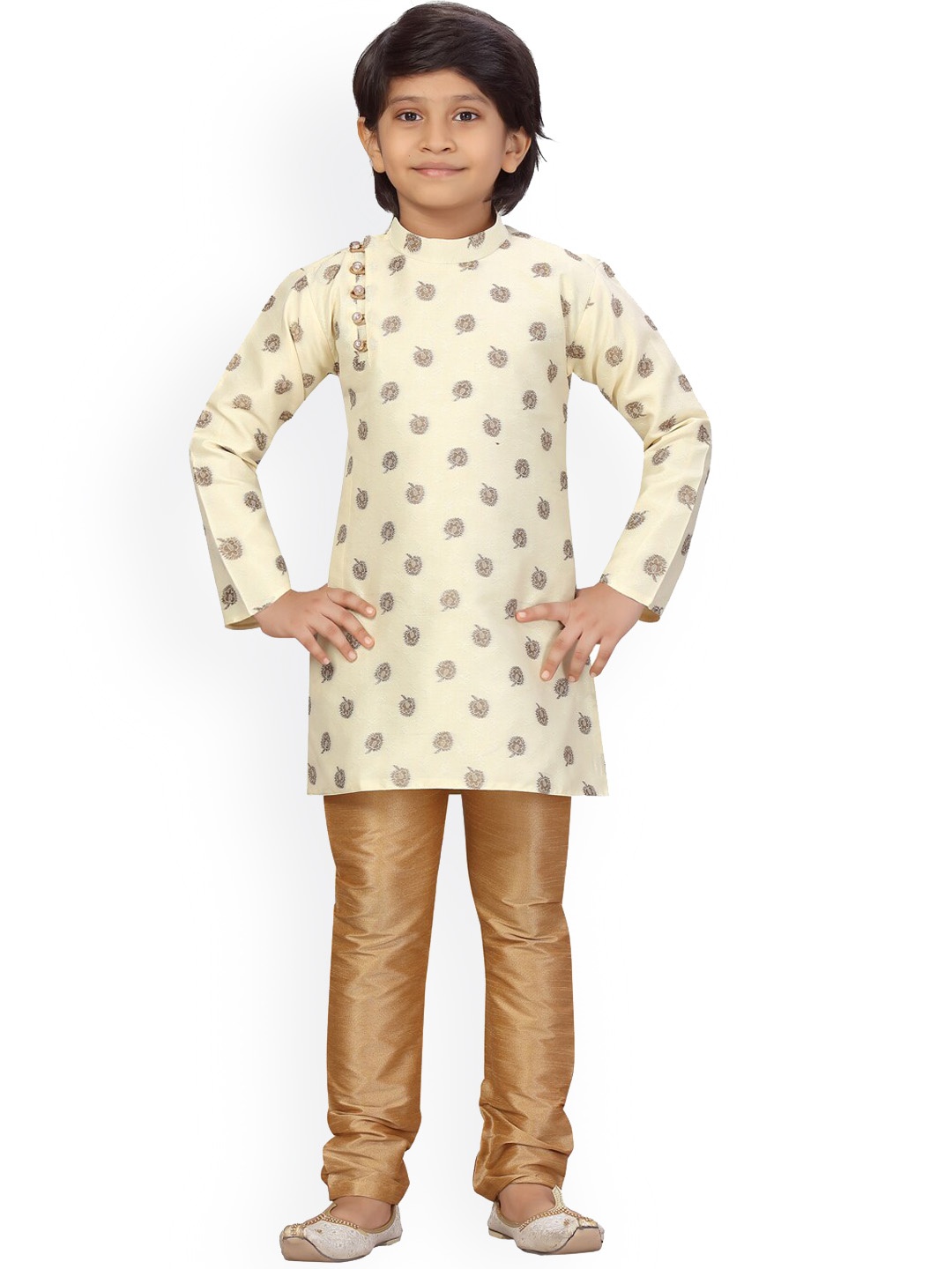 

LITTLE MAFIA BY Aarika Boys Cream-Coloured Ethnic Motifs Printed Angrakha Pure Cotton Kurta with Pyjamas