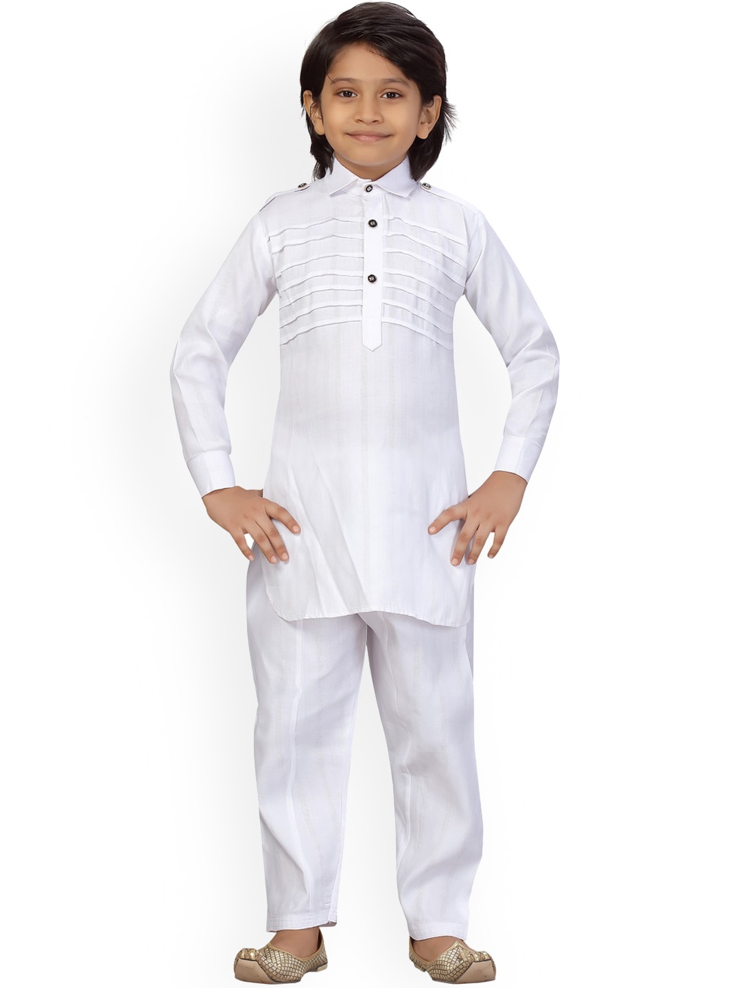 

LITTLE MAFIA BY Aarika Boys White Pleated Pure Cotton Pathani Kurta with Salwar