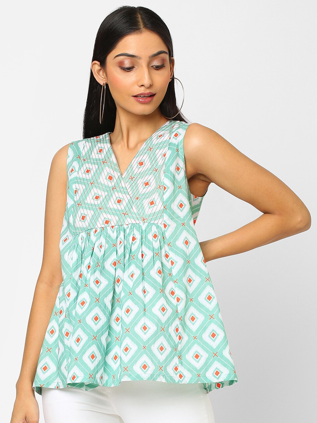 

KAMI KUBI Sea Green Geometric Print Cotton Empire Top