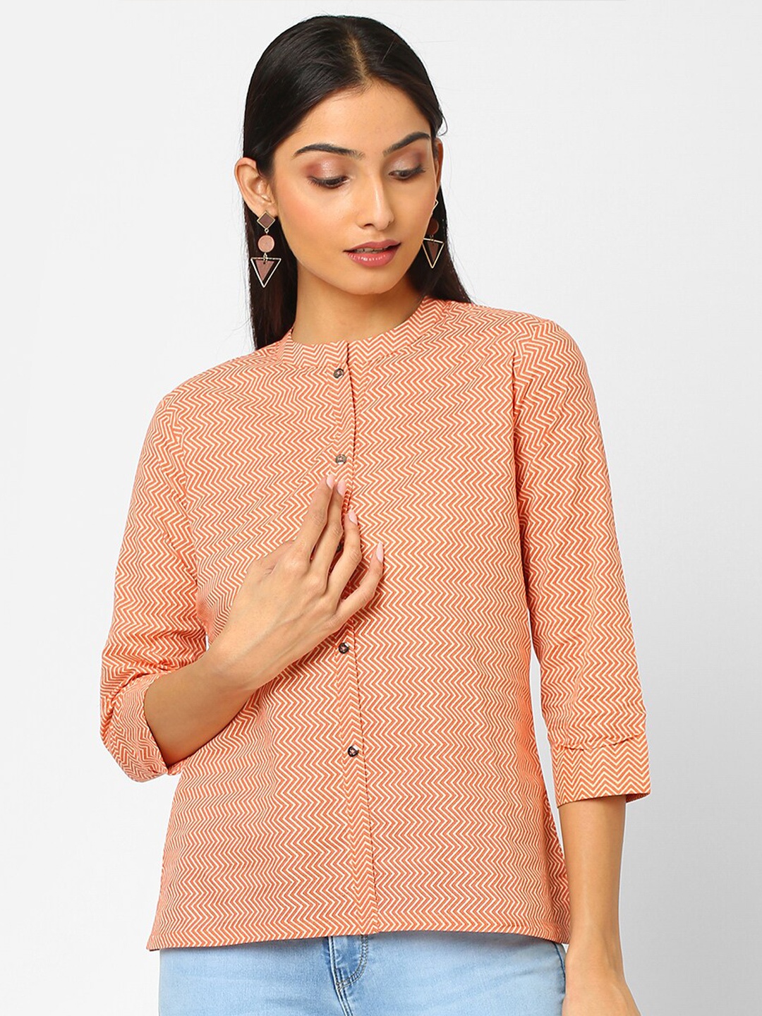 

KAMI KUBI Peach-Coloured Printed Shirt Style Pure Cotton Top