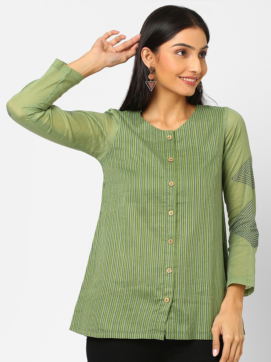 

KAMI KUBI Olive Green Shirt Style Mul Cotton Top