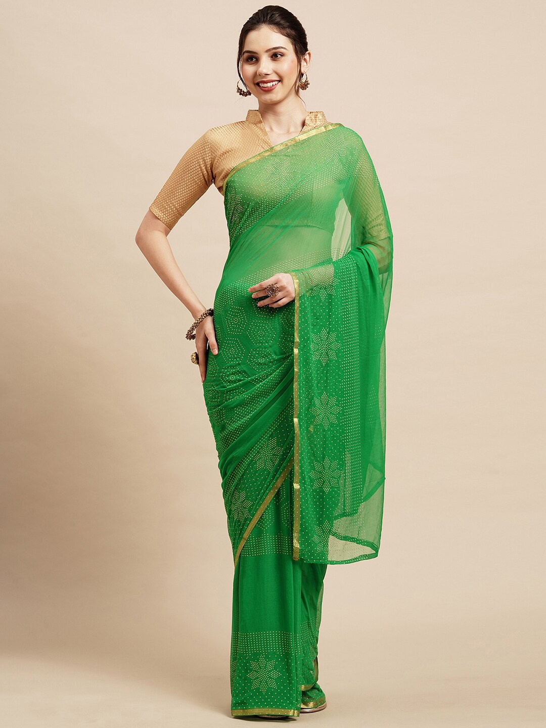 

Saree mall Green Zari Poly Chiffon Sarees