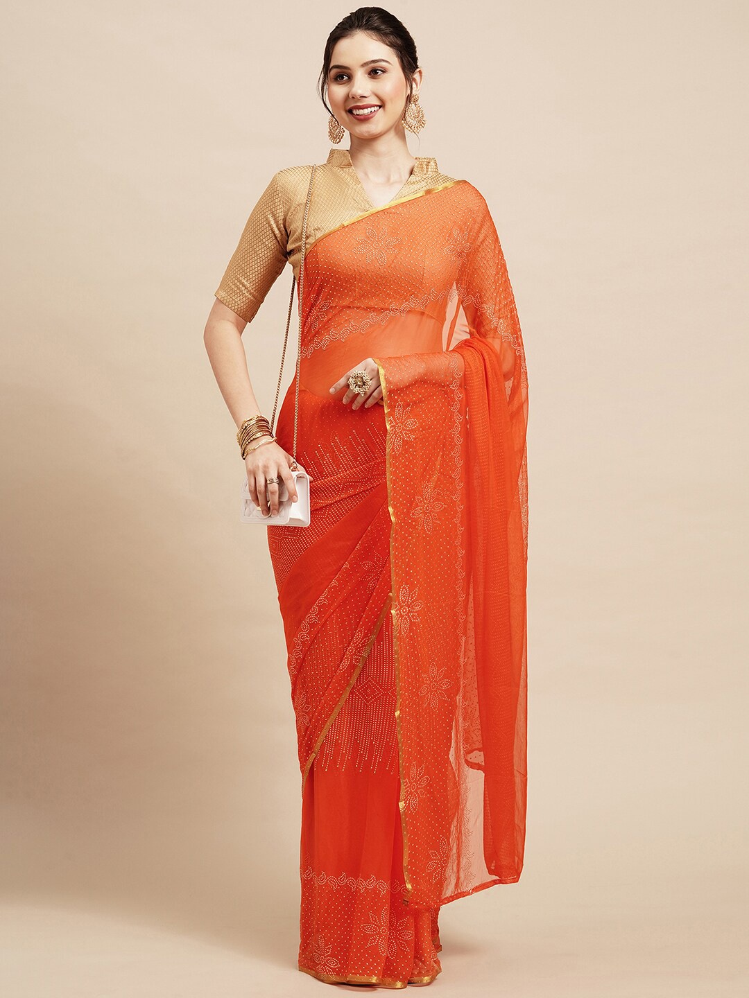 

Saree mall Red & Gold-Toned Floral Zari Sarees with Matching Blouse