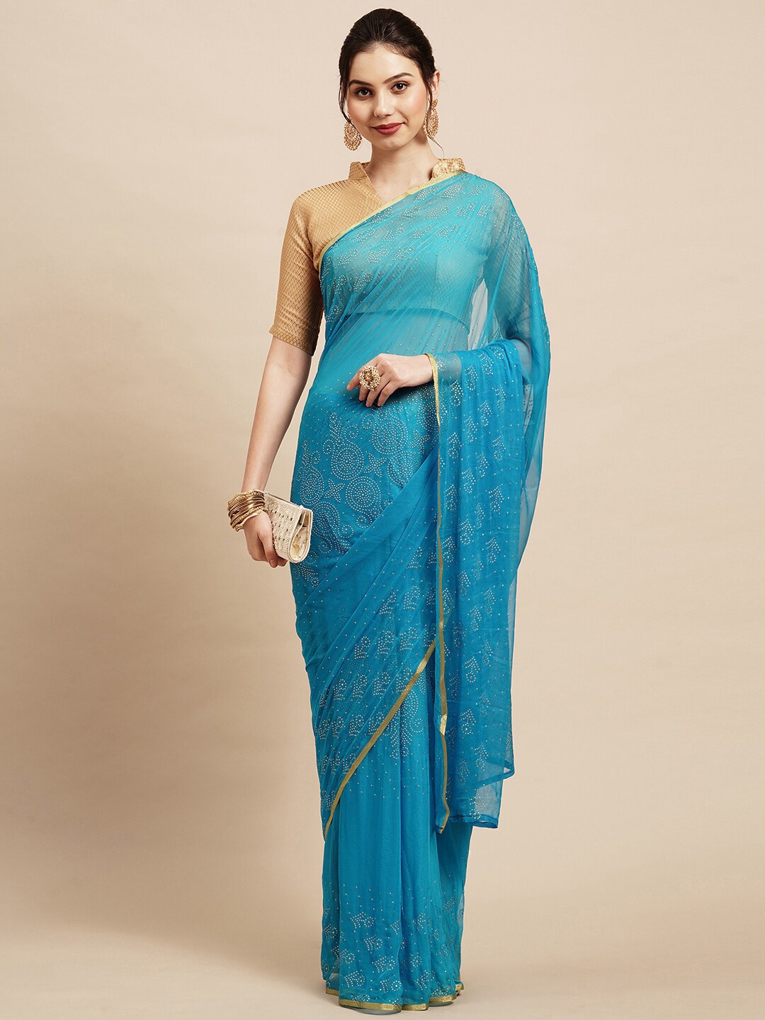 

Saree mall Turquoise Blue & Gold-Toned Embellished Beads and Stones Zari Border Sarees