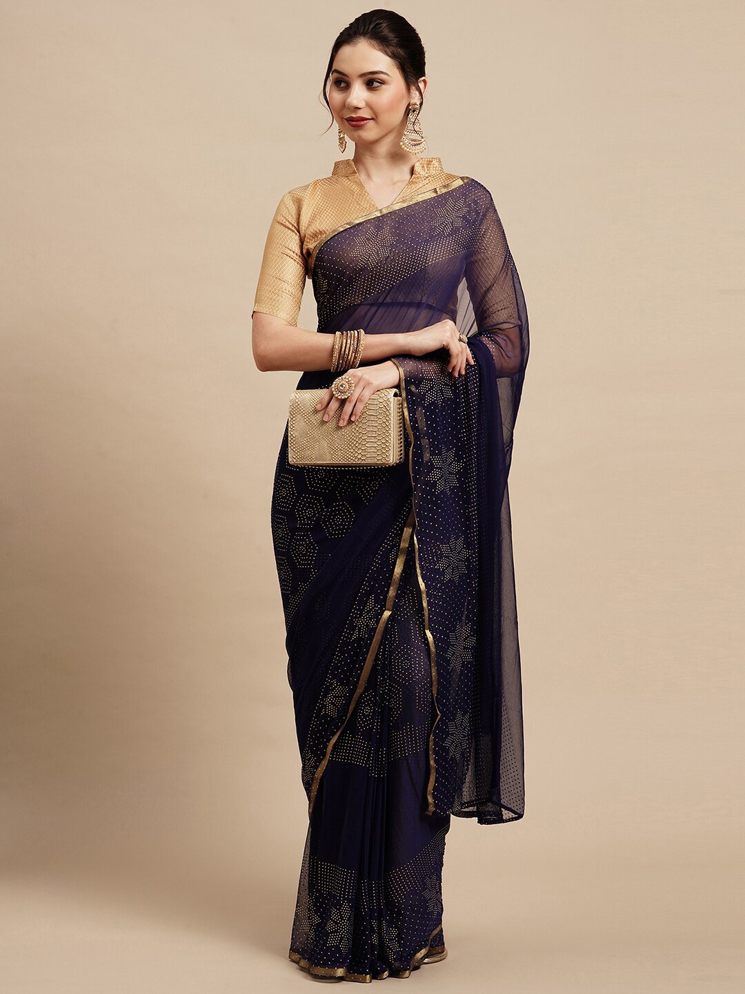 

Saree mall Navy Blue & Gold-Toned Floral Zari Sarees