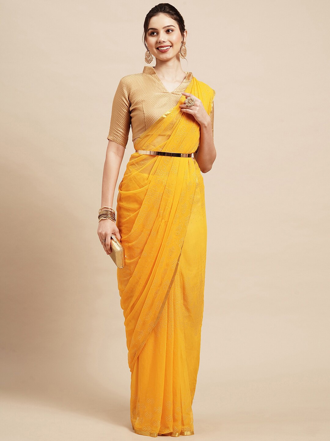 

Saree mall Yellow & Gold-Toned Floral Sarees