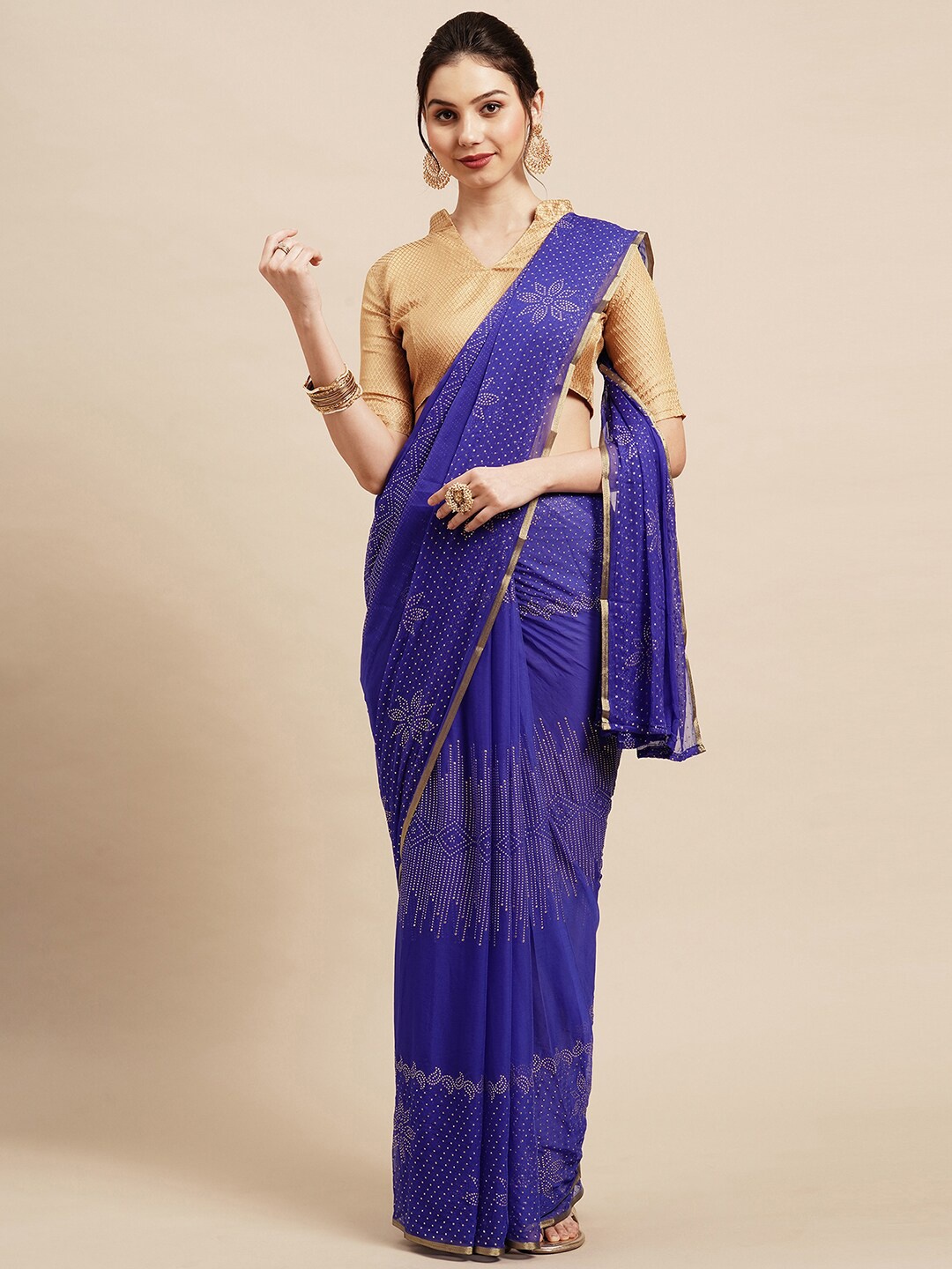 

Saree mall Blue & Gold-Toned Floral Poly Chiffon Saree