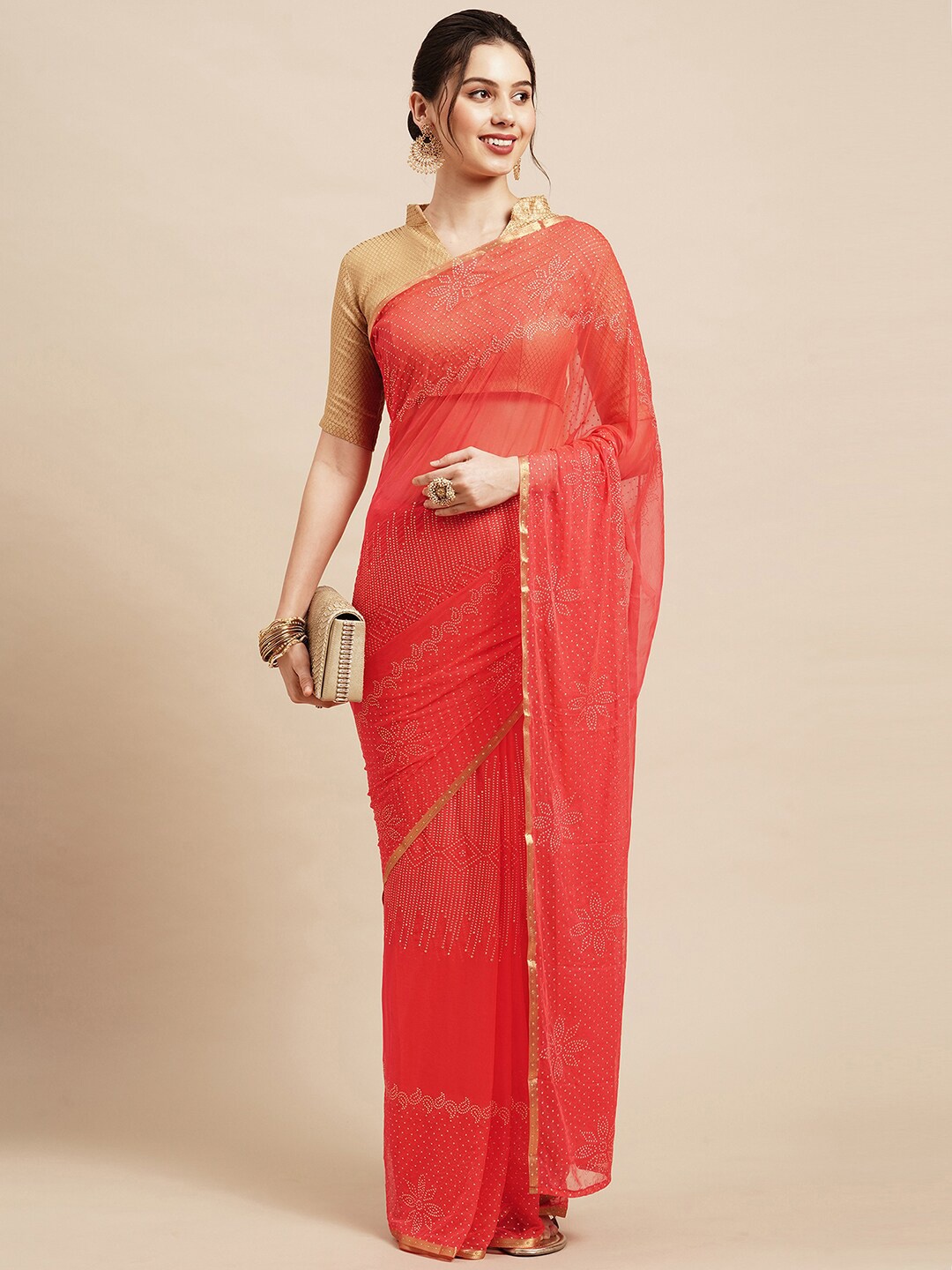

Saree mall Peach-Coloured Embellished Sarees