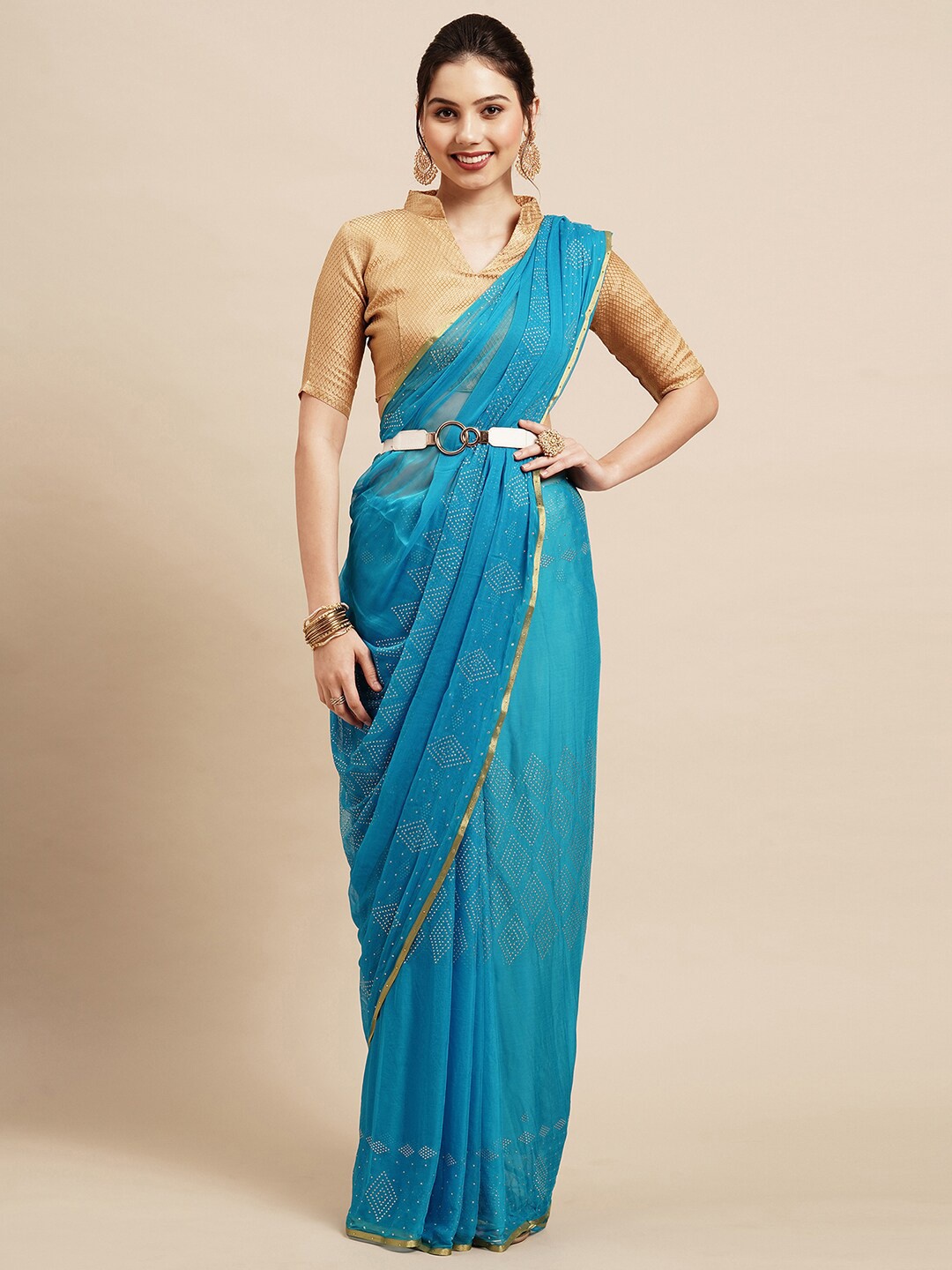 

Saree mall Turquoise Blue & Gold-Toned Embellished Poly Chiffon Sarees