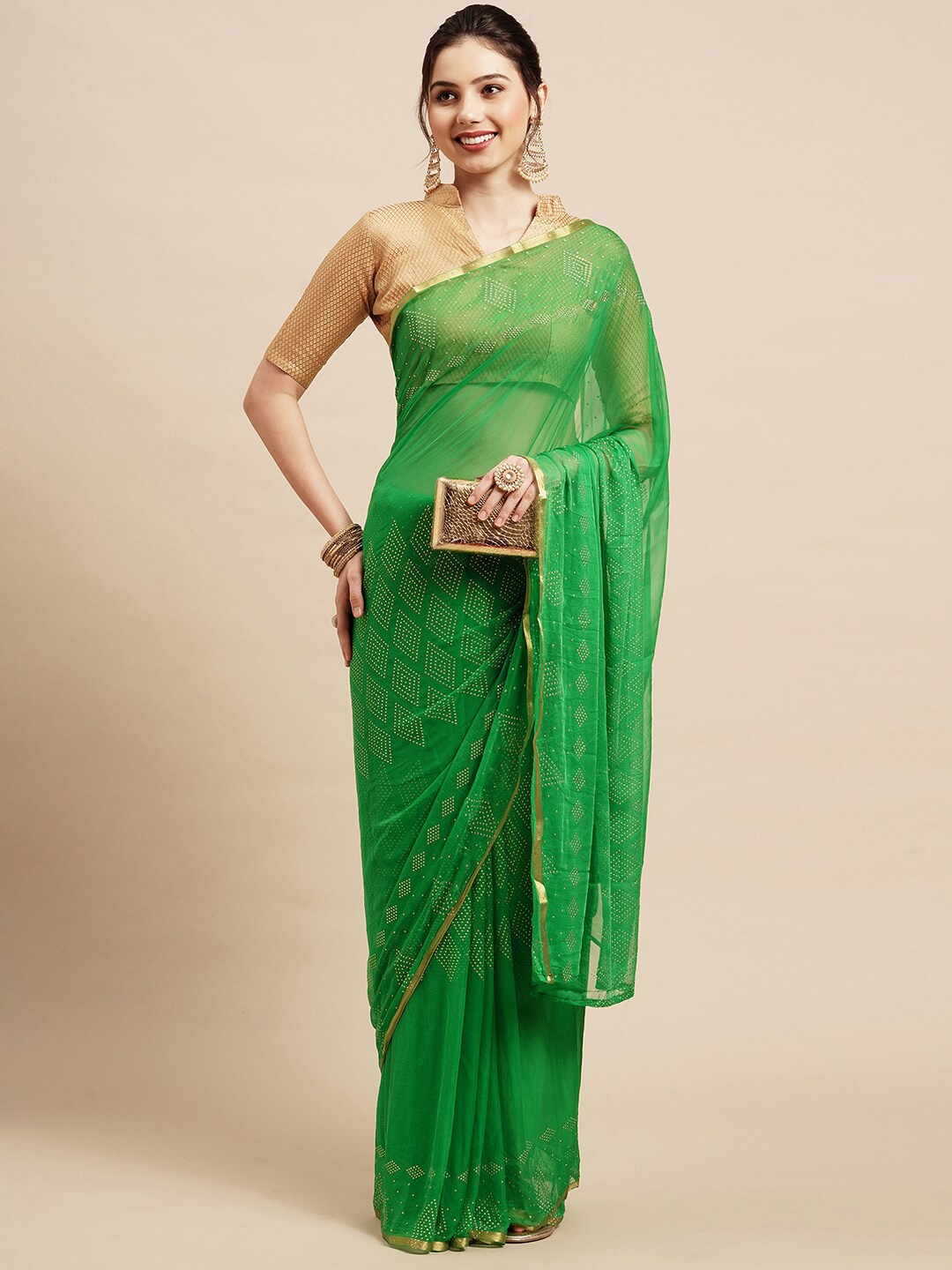 

Saree mall Green & Gold-Toned Poly Chiffon Saree