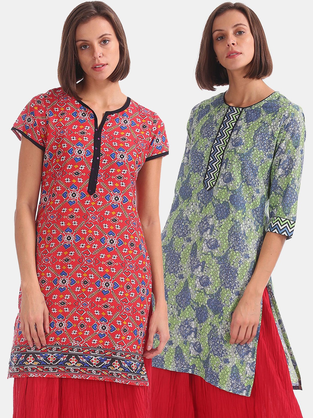

Karigari Women Pack Of 2 Green & Red Ethnic Motifs Printed Pure Cotton Kurta