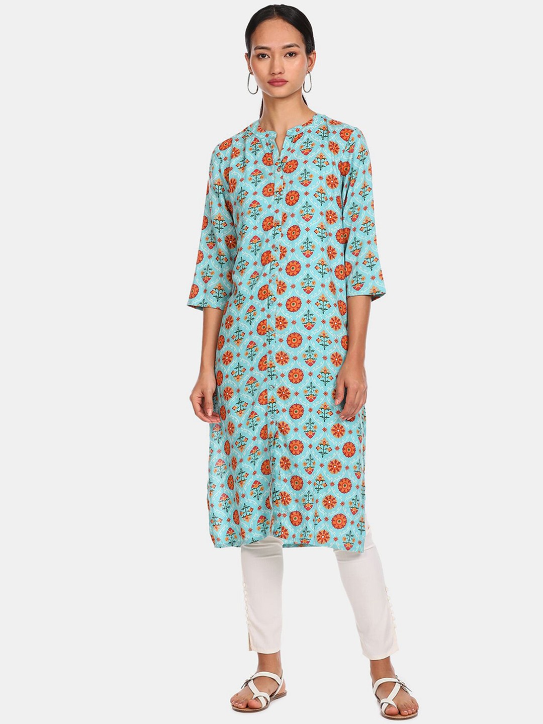 

Karigari Women Blue Floral Printed Kurta